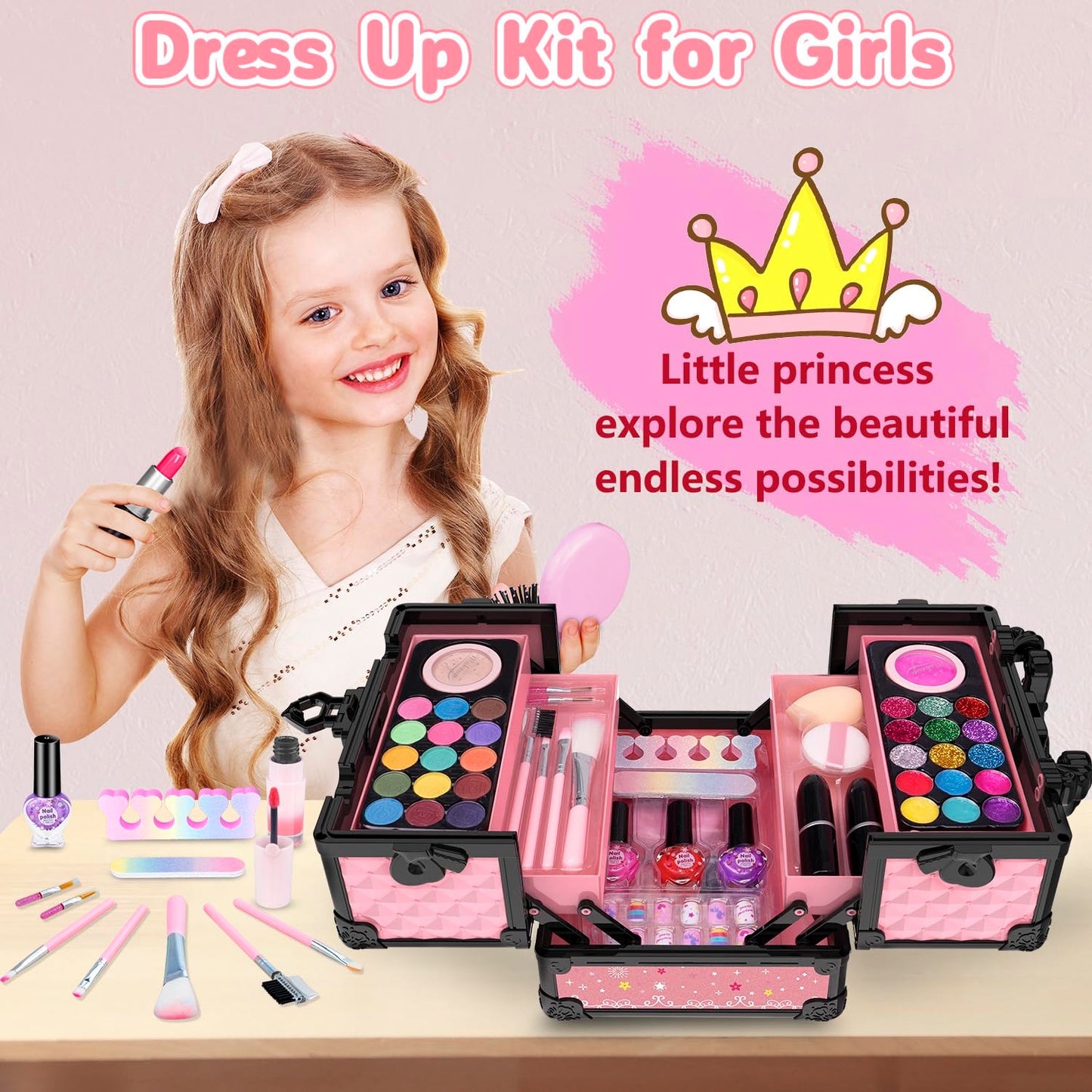 Hollyhi 59Pcs Kids Makeup Kit – Washable Dress-Up Vanity for Girls (Pink)