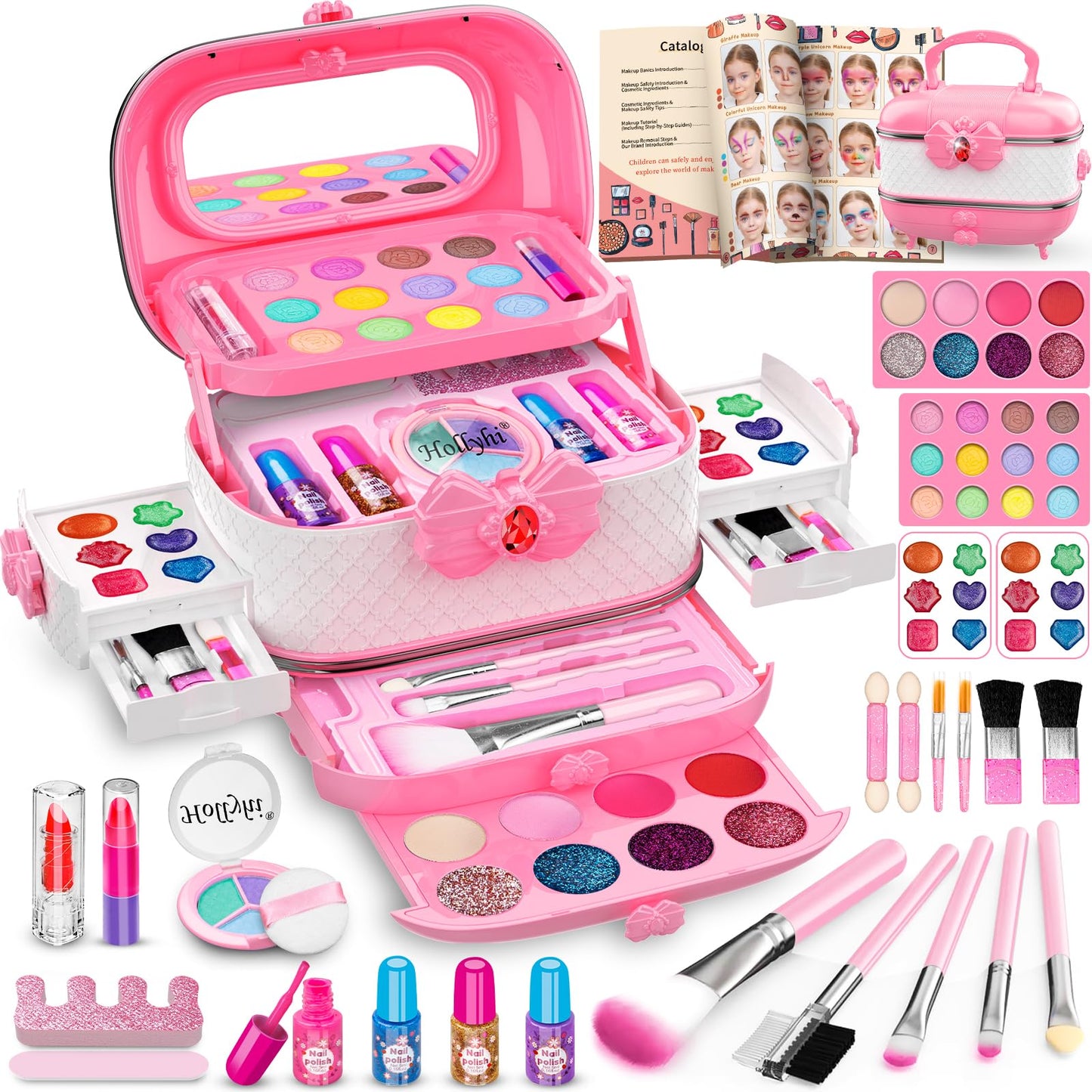 Hollyhi 58-Piece Kids Makeup Kit for Girls | Washable Cosmetic Set with Mirror (Pink)