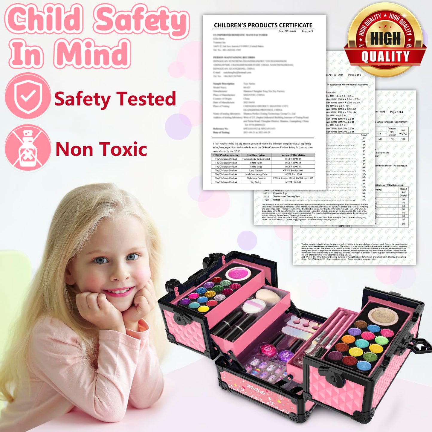 Hollyhi 59Pcs Kids Makeup Kit – Washable Dress-Up Vanity for Girls (Pink)