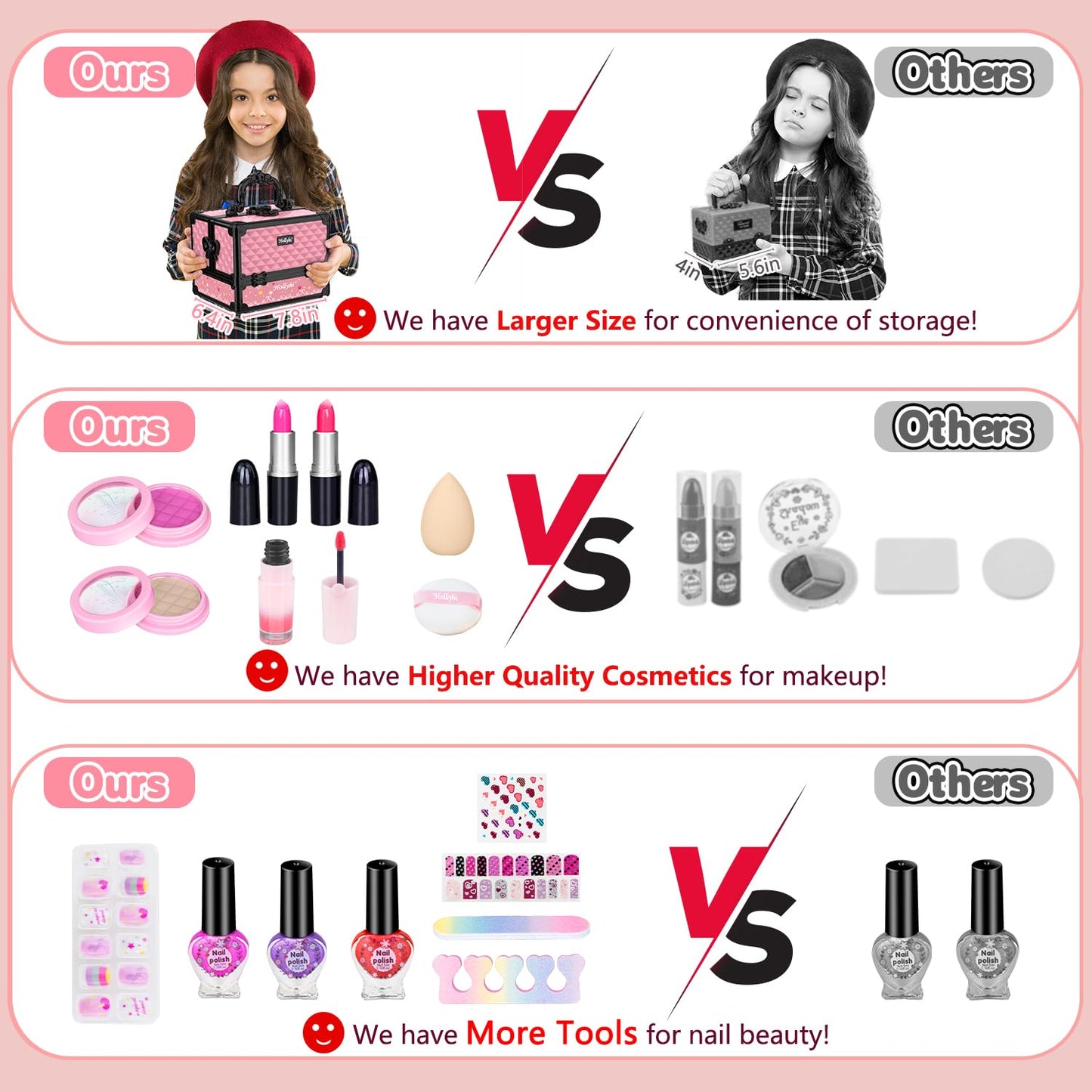 Hollyhi 59Pcs Kids Makeup Kit – Washable Dress-Up Vanity for Girls (Pink)