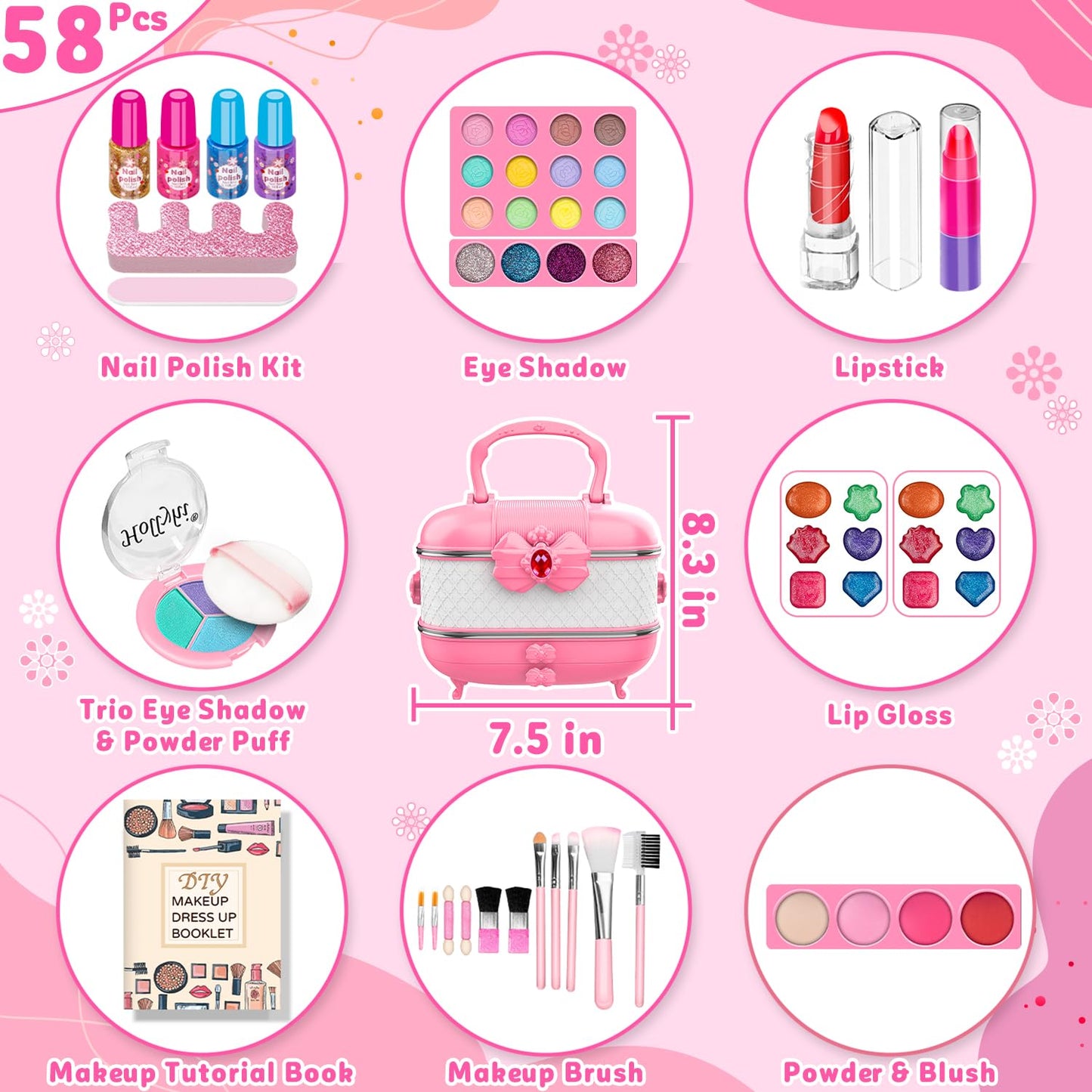 Hollyhi 58-Piece Kids Makeup Kit for Girls | Washable Cosmetic Set with Mirror (Pink)
