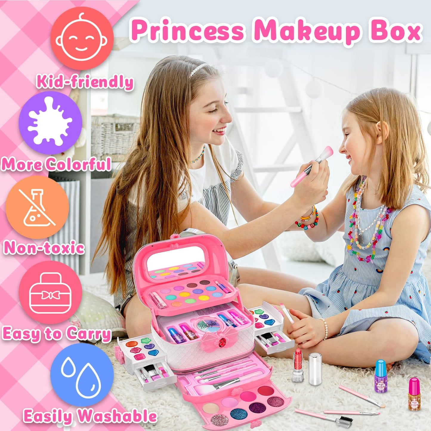 Hollyhi 58-Piece Kids Makeup Kit for Girls | Washable Cosmetic Set with Mirror (Pink)