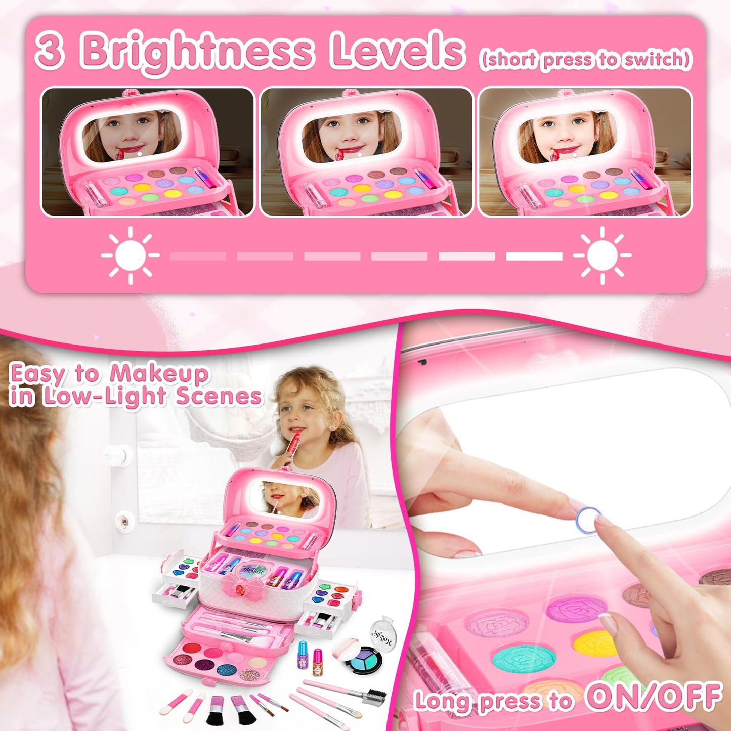 Hollyhi 58Pcs Kids Makeup Kit with Light Up Mirror – Safe, Washable Toy Set for Girls (Pink)