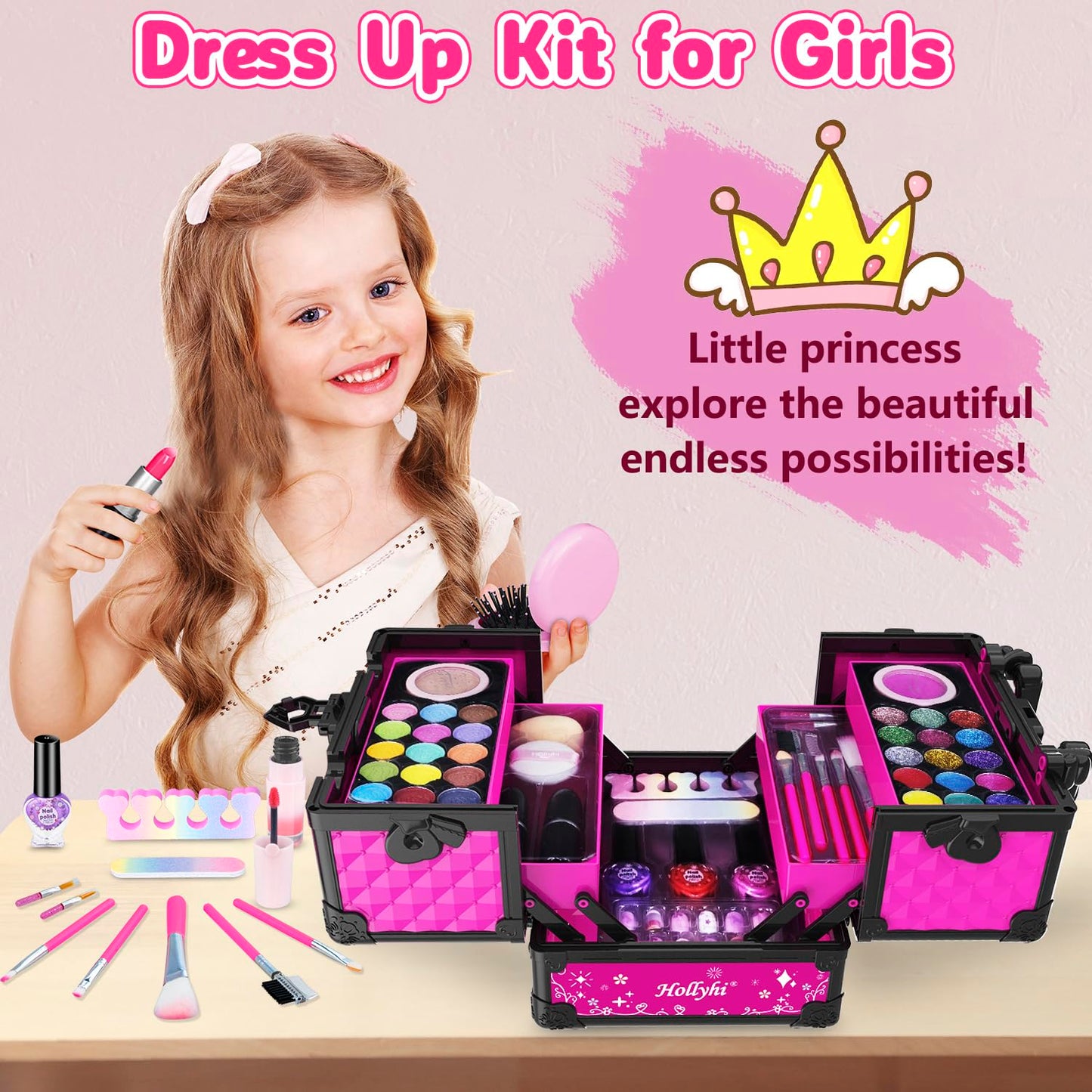 Hollyhi 59 Pcs Kids Makeup Kit – Washable Dress-Up Set for Girls 3–12 with Cosmetic Case