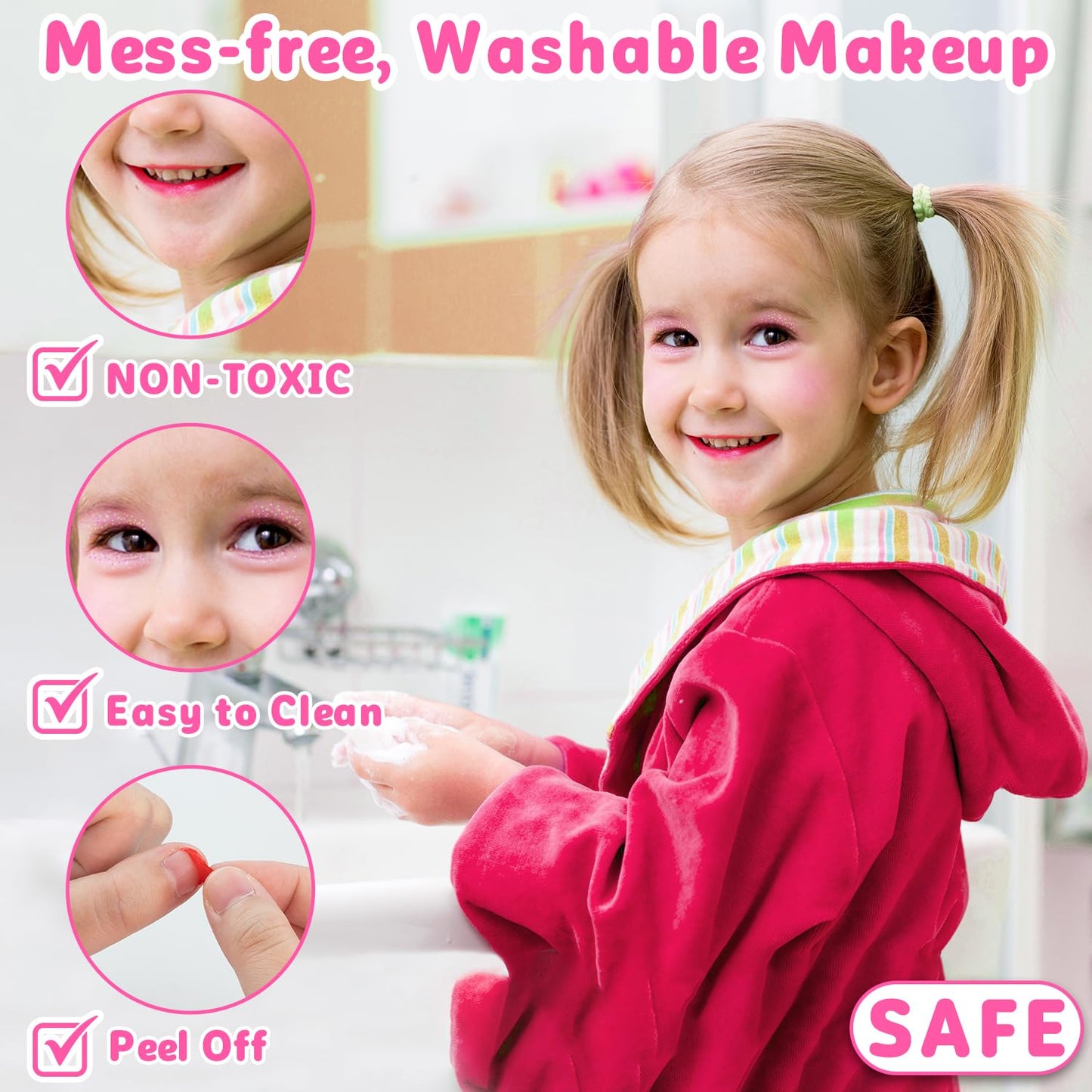 Hollyhi 58-Piece Kids Makeup Kit for Girls | Washable Cosmetic Set with Mirror (Pink)