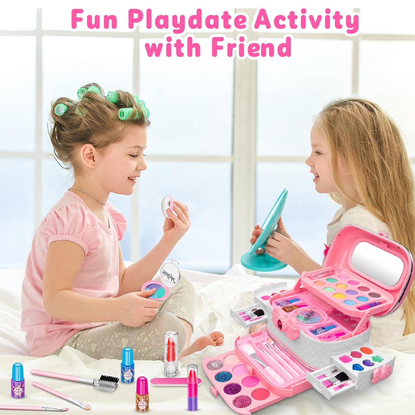 Hollyhi 58-Piece Kids Makeup Kit for Girls | Washable Cosmetic Set with Mirror (Pink)