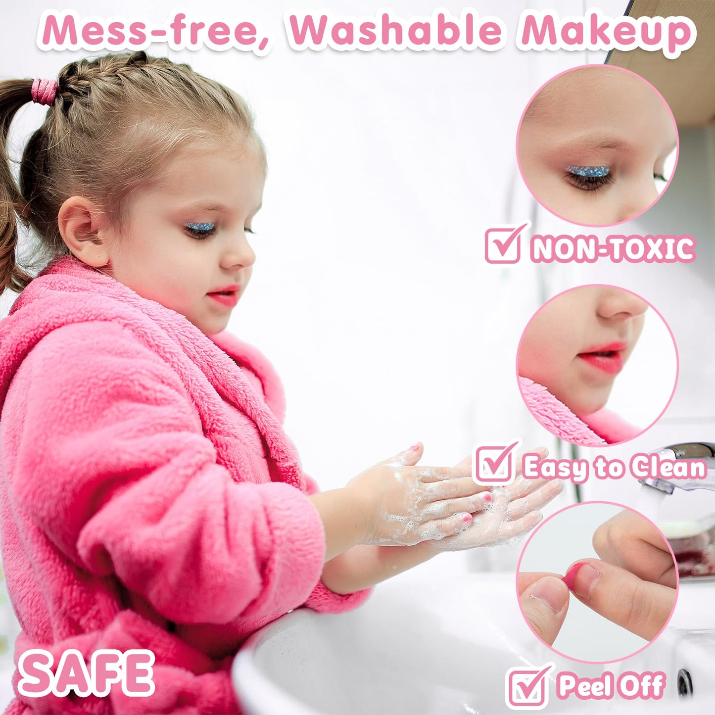 Hollyhi 58Pcs Kids Makeup Kit with Light Up Mirror – Safe, Washable Toy Set for Girls (Pink)