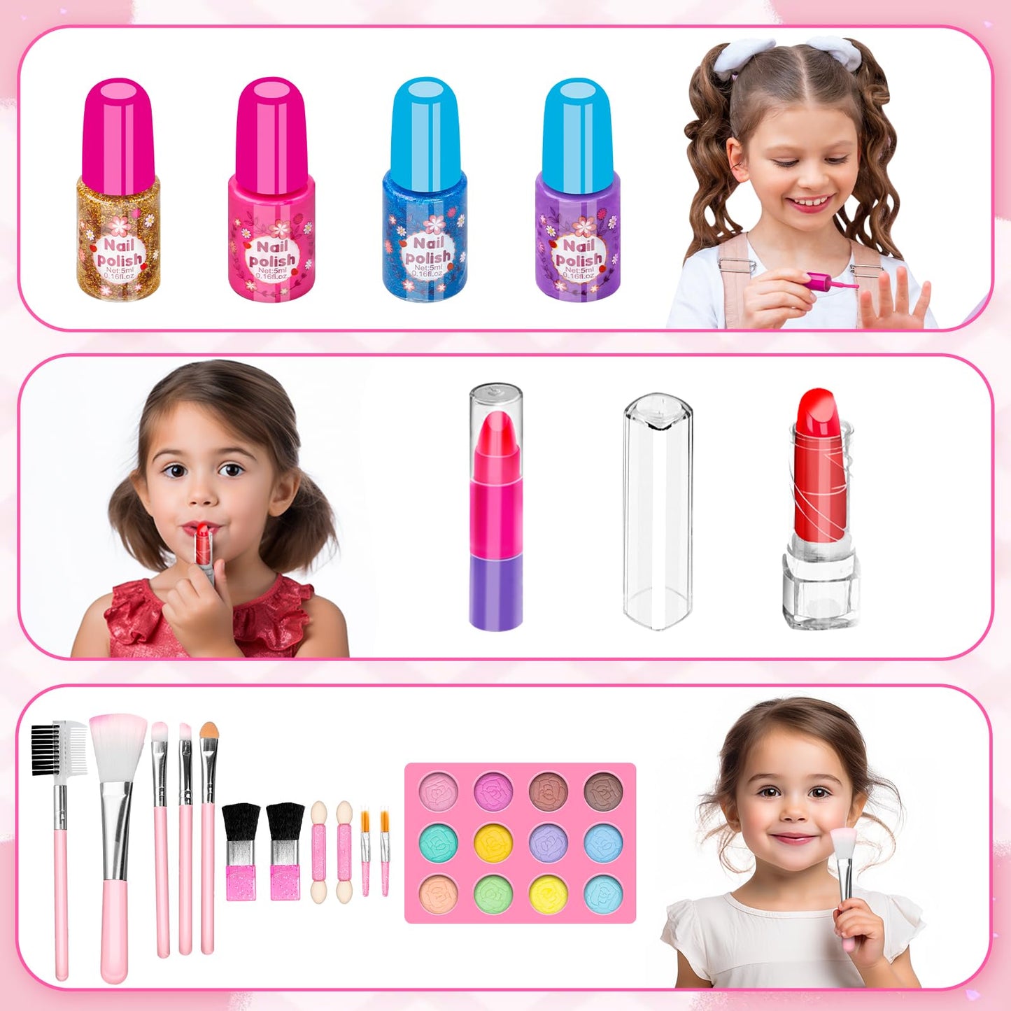 Hollyhi 58Pcs Kids Makeup Kit with Light Up Mirror – Safe, Washable Toy Set for Girls (Pink)