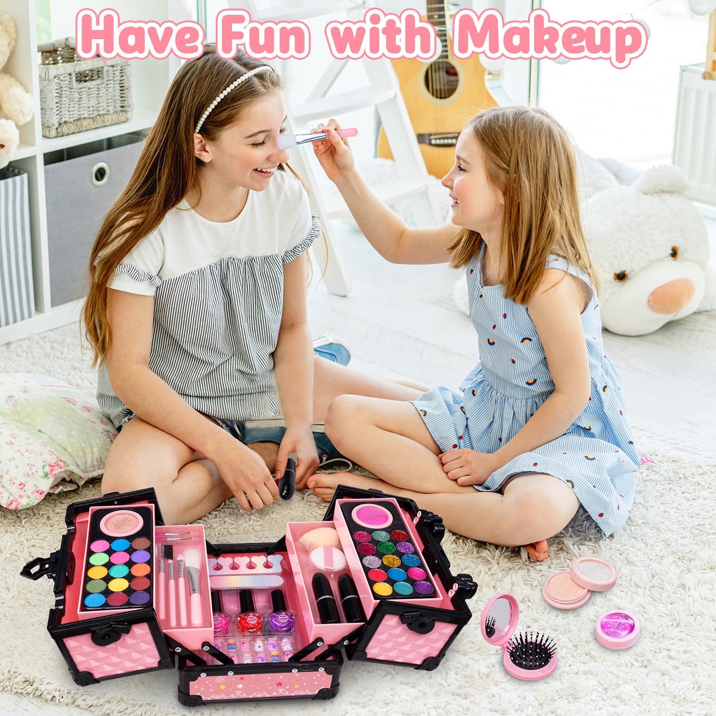 Hollyhi 59Pcs Kids Makeup Kit – Washable Dress-Up Vanity for Girls (Pink)