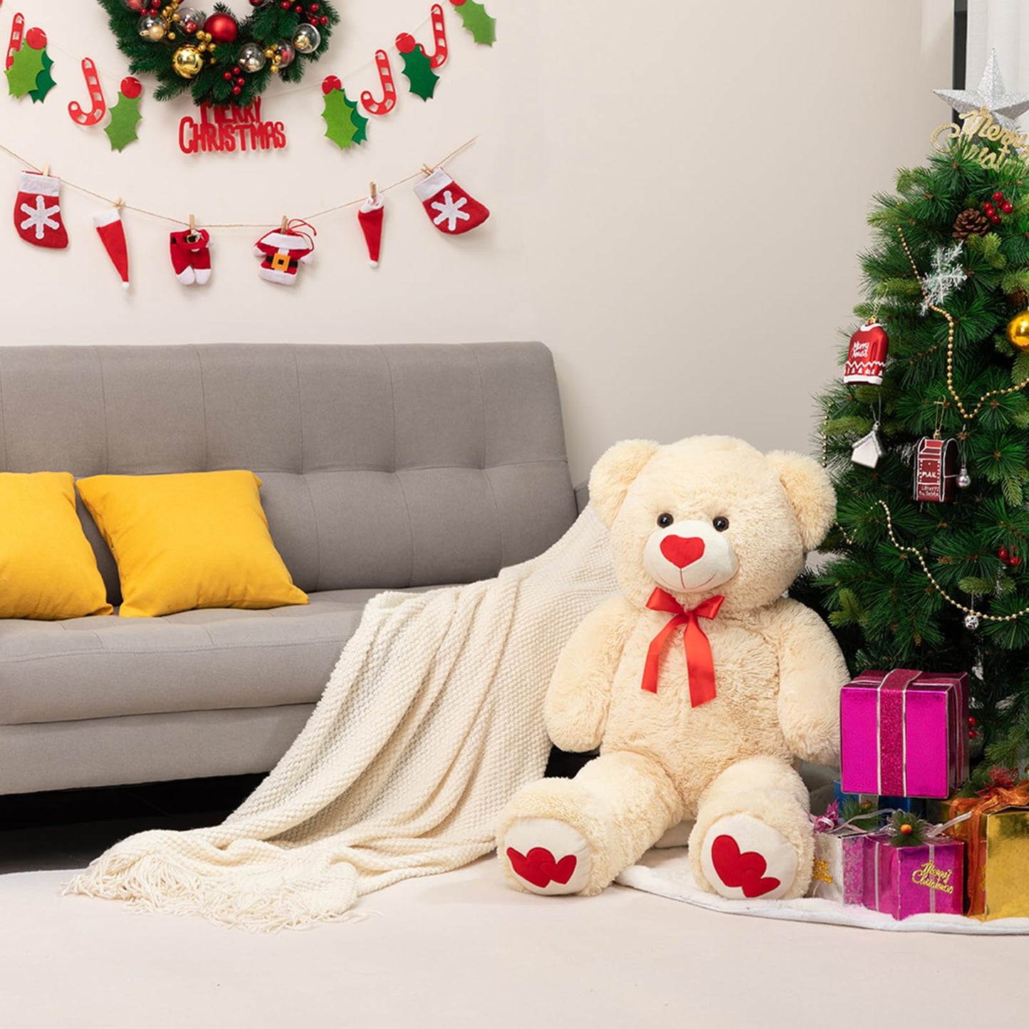 HollyHOME Big Teddy Bear – 36-Inch Beige Plush with Red Heart | Gift for Girlfriend & Kids