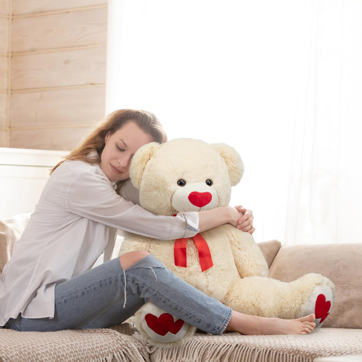 HollyHOME Big Teddy Bear – 36-Inch Beige Plush with Red Heart | Gift for Girlfriend & Kids