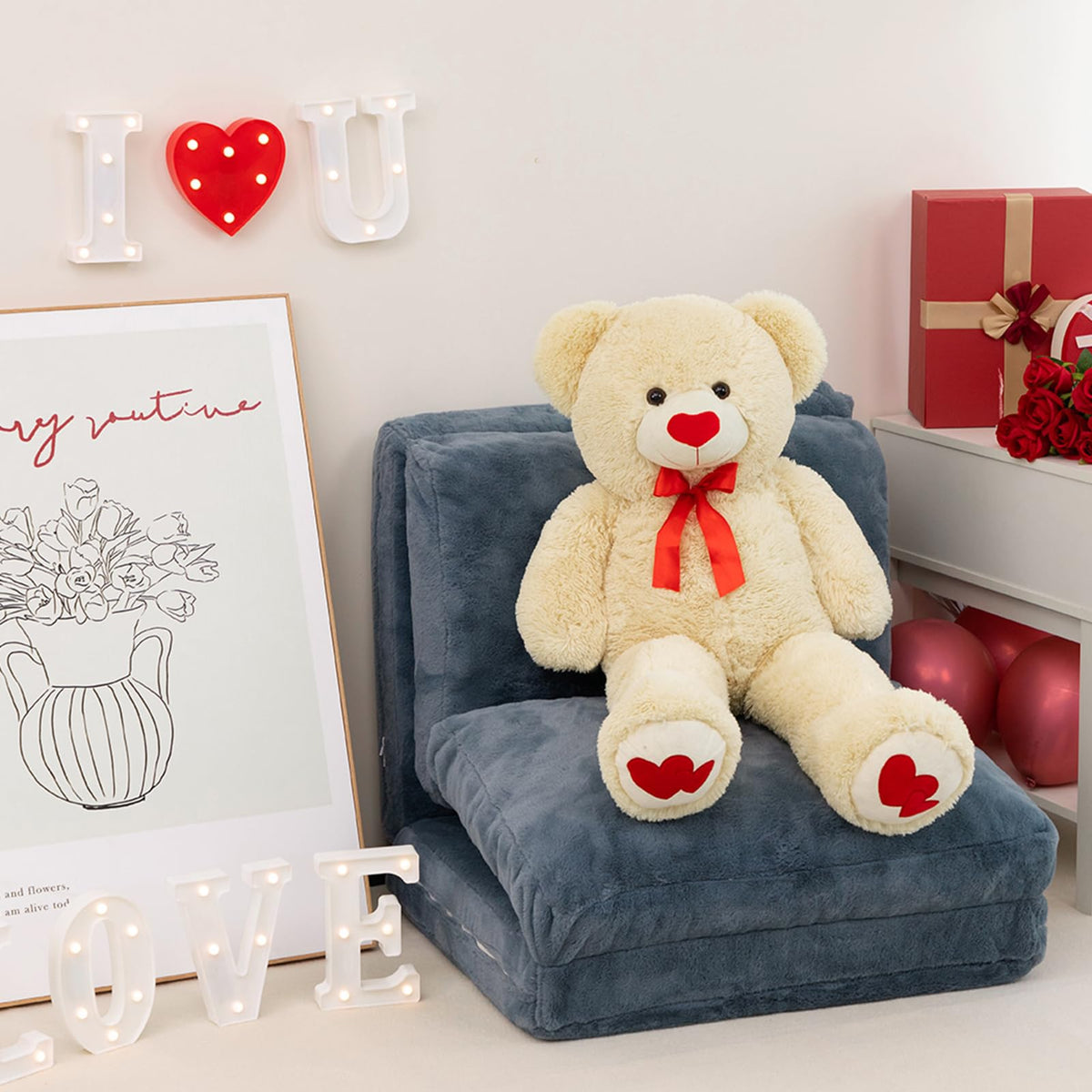HollyHOME Big Teddy Bear – 36-Inch Beige Plush with Red Heart | Gift for Girlfriend & Kids