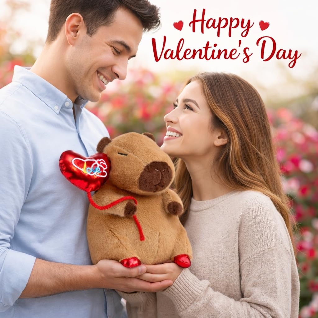 HollyHOME Capybara Plush Toy with Red Heart Balloon – 10-Inch Valentine Gift