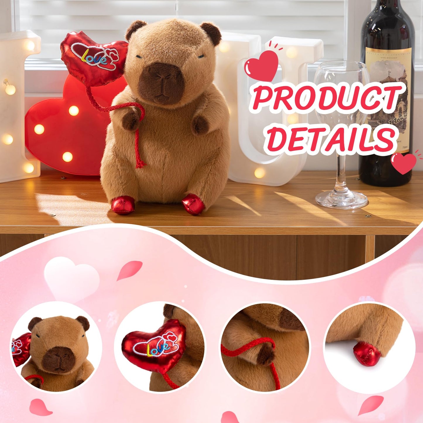 HollyHOME Capybara Plush Toy with Red Heart Balloon – 10-Inch Valentine Gift