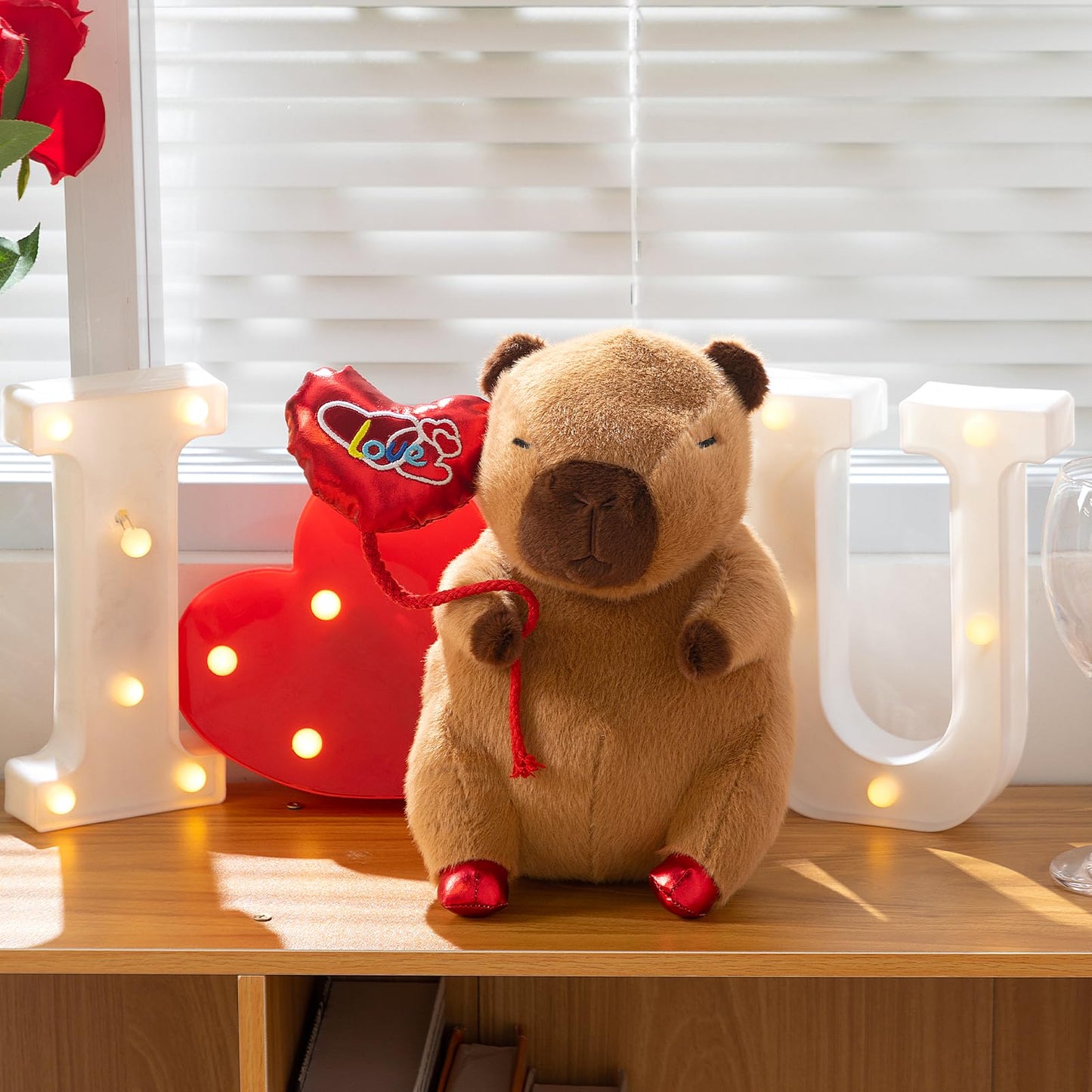 HollyHOME Capybara Plush Toy with Red Heart Balloon – 10-Inch Valentine Gift