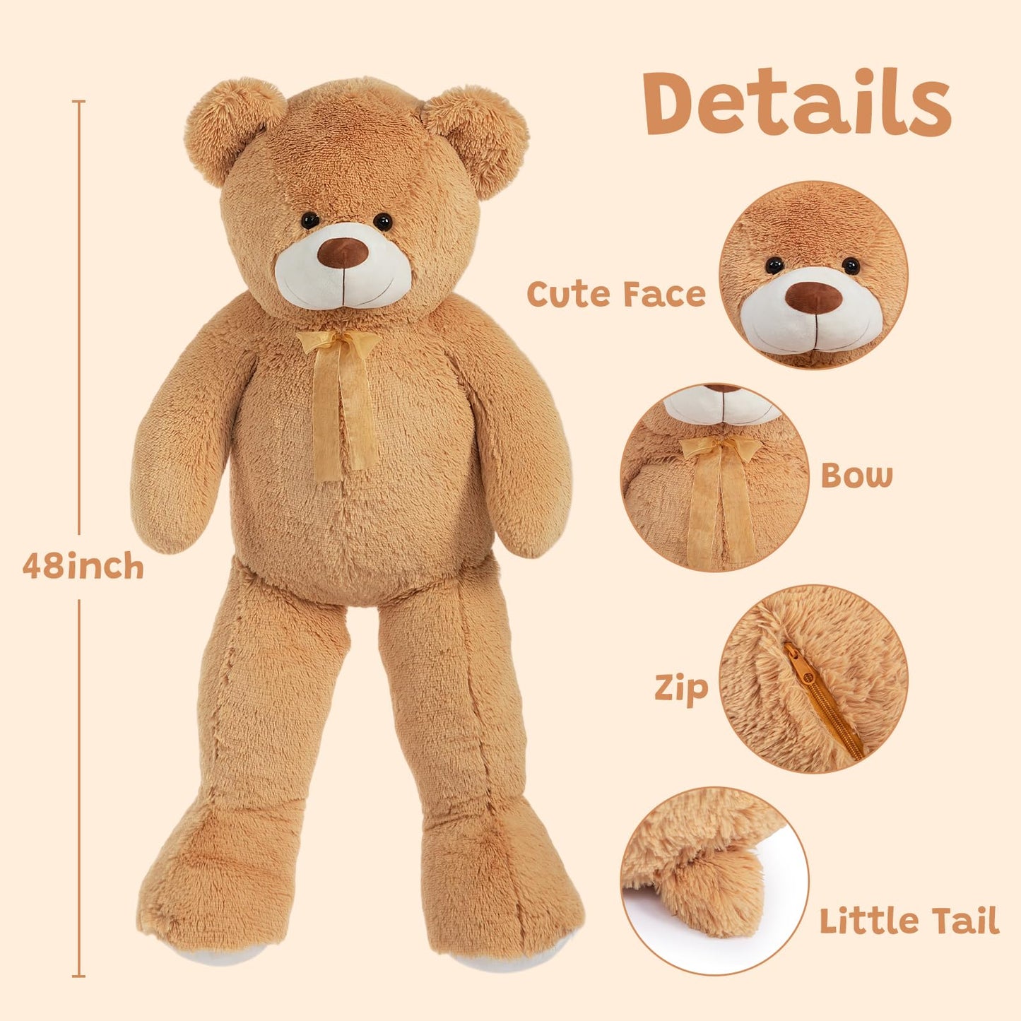 HollyHOME Giant Teddy Bear 48-Inch Tan Plush – Big Teddy Gift for Kids & Loved Ones