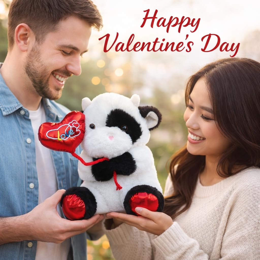 HollyHOME Cow Plush Toy – Valentine’s Cow Plush with Red Balloon, 10 Inches