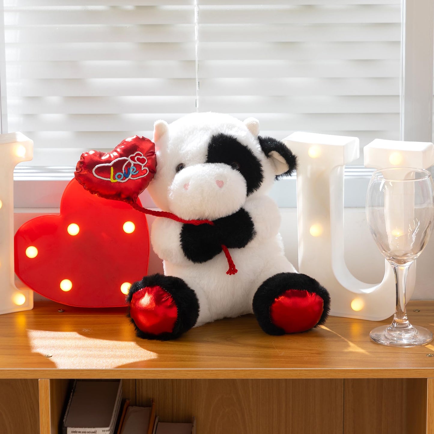 HollyHOME Cow Plush Toy – Valentine’s Cow Plush with Red Balloon, 10 Inches
