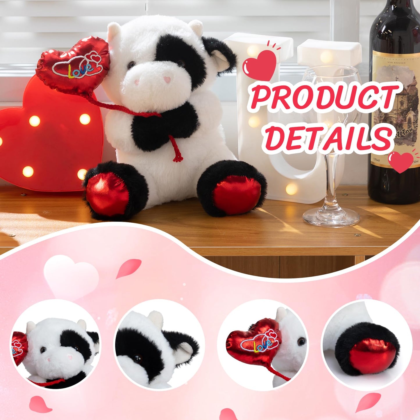 HollyHOME Cow Plush Toy – Valentine’s Cow Plush with Red Balloon, 10 Inches