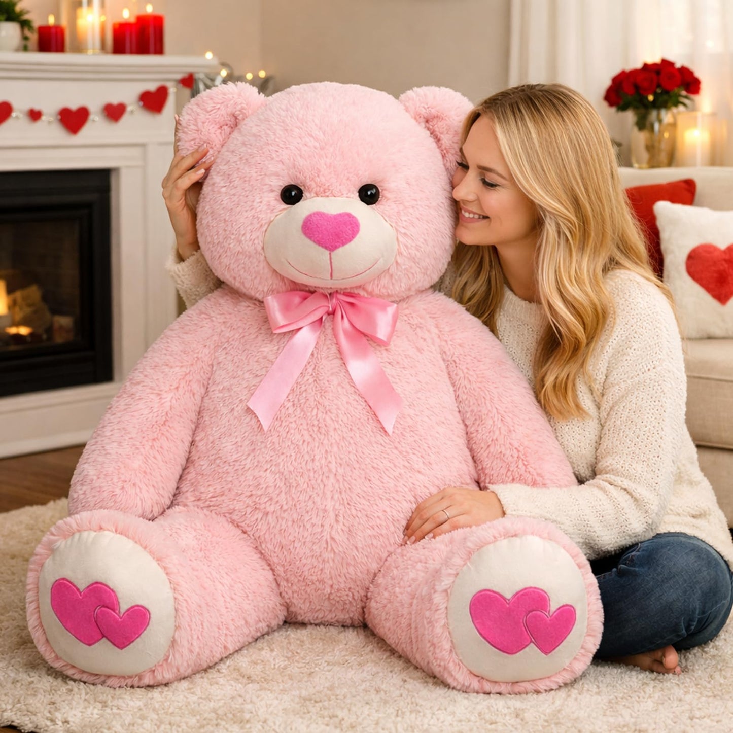HollyHOME Giant 4ft Pink Teddy Bear – Soft Plush Heart Gift for Girlfriend, Mom & Kids