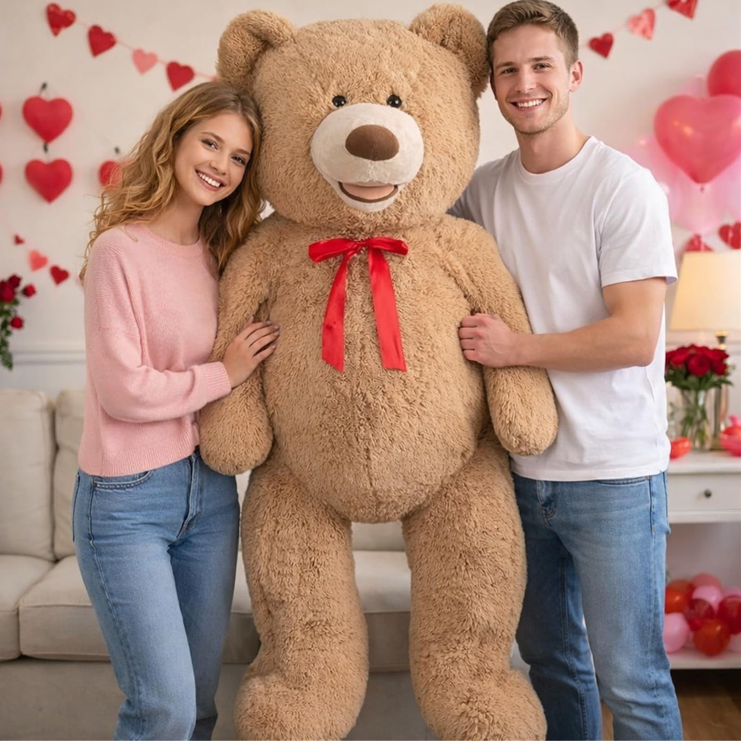 HollyHOME 5ft Giant Teddy Bear – Light Brown Plush with Red Bowtie (Valentine Gift)
