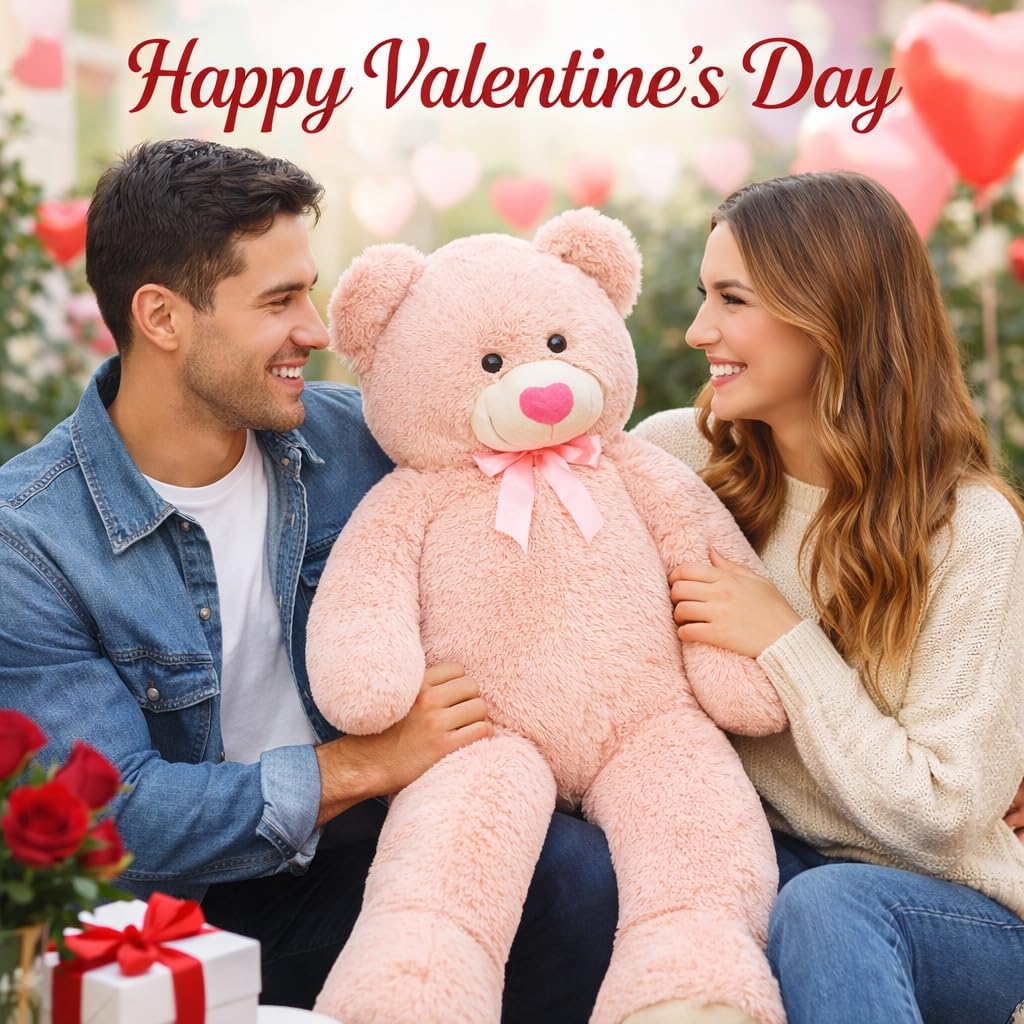 HollyHOME Giant 4ft Pink Teddy Bear – Soft Plush Heart Gift for Girlfriend, Mom & Kids