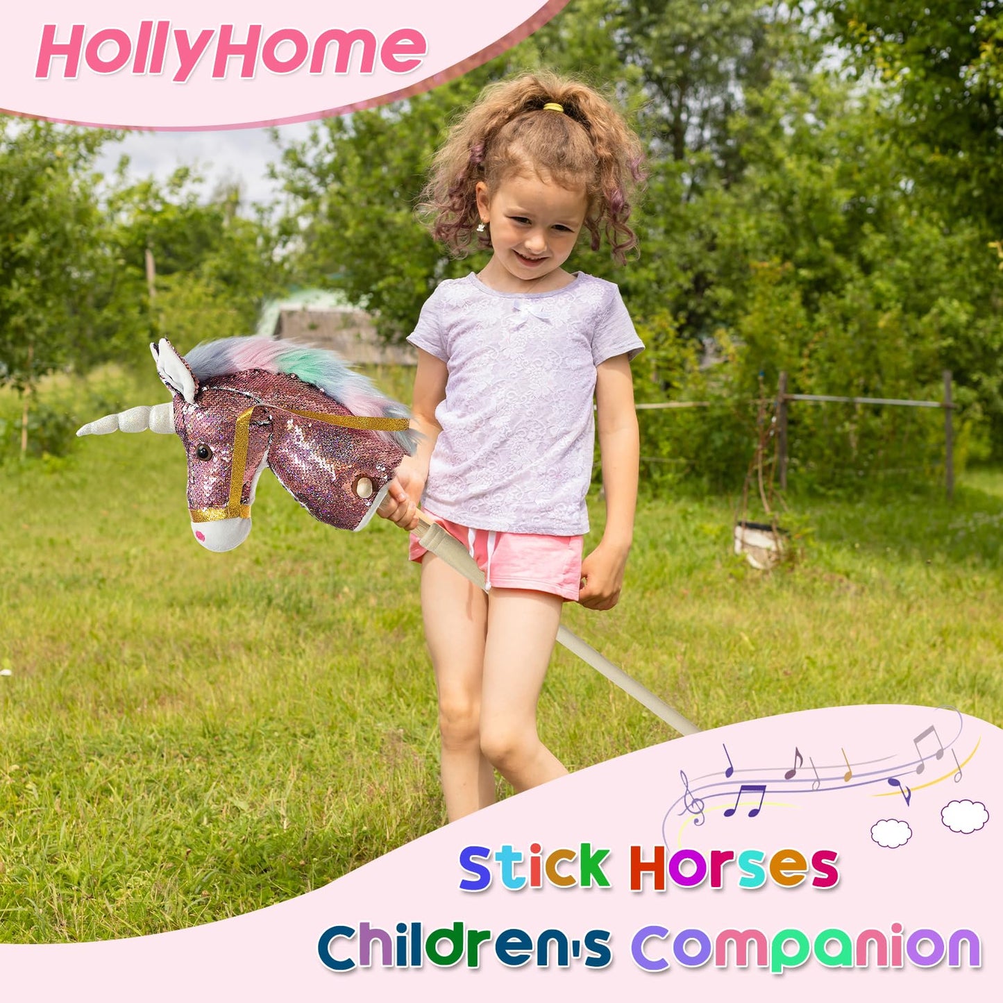 HollyHOME Sequin Unicorn Stick Horse — Handcrafted Hobby Horse with Wood Wheels and Real Pony Sounds | Pink 36 Inches