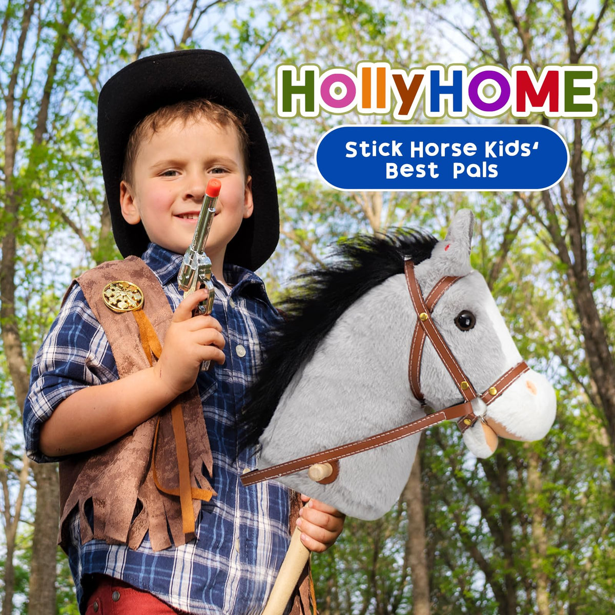 HollyHOME Stick Horse Plush with Wood Wheels | 36-Inch Kids Hobby Horse with Realistic Sounds