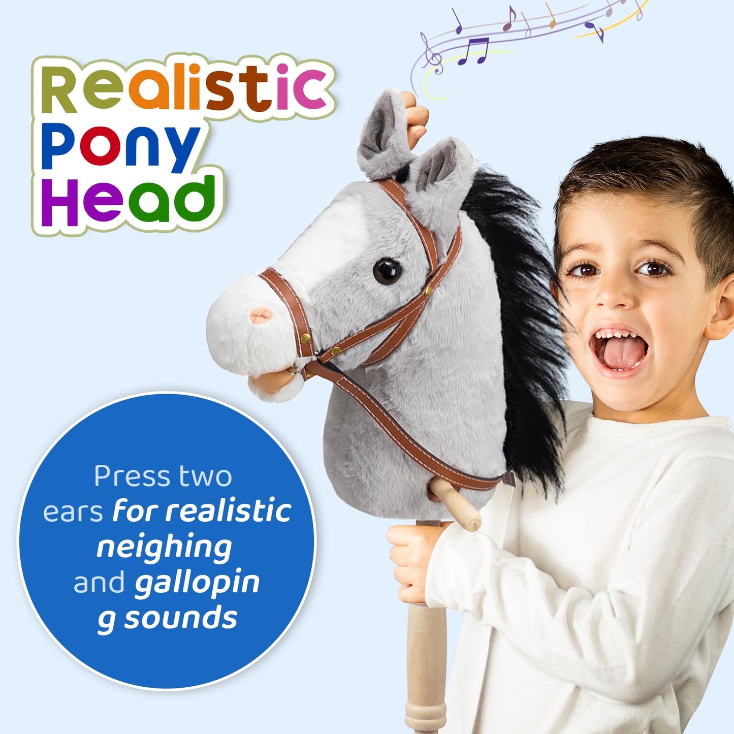 HollyHOME Stick Horse Plush with Wood Wheels | 36-Inch Kids Hobby Horse with Realistic Sounds