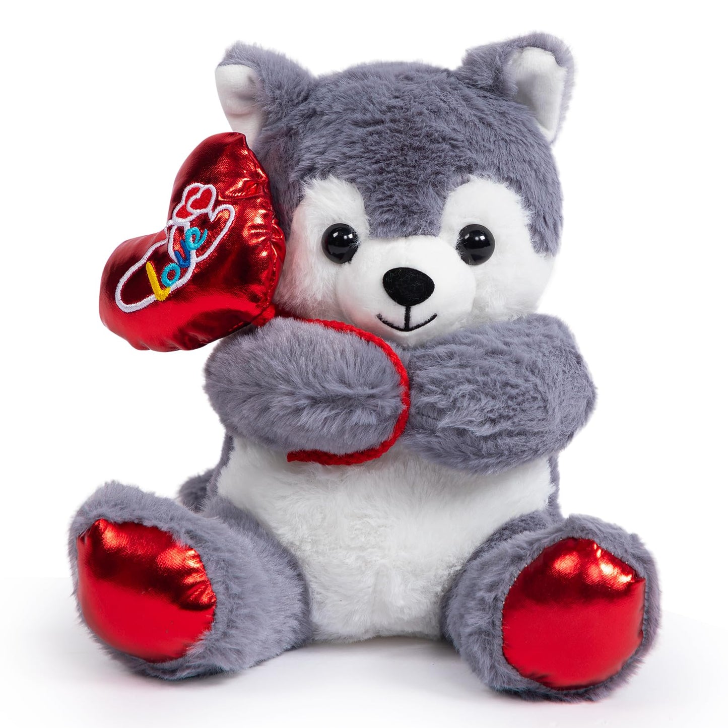 HollyHOME Husky Plush – 10-Inch Stuffed Animal with Red Love Balloon for Valentine's Day