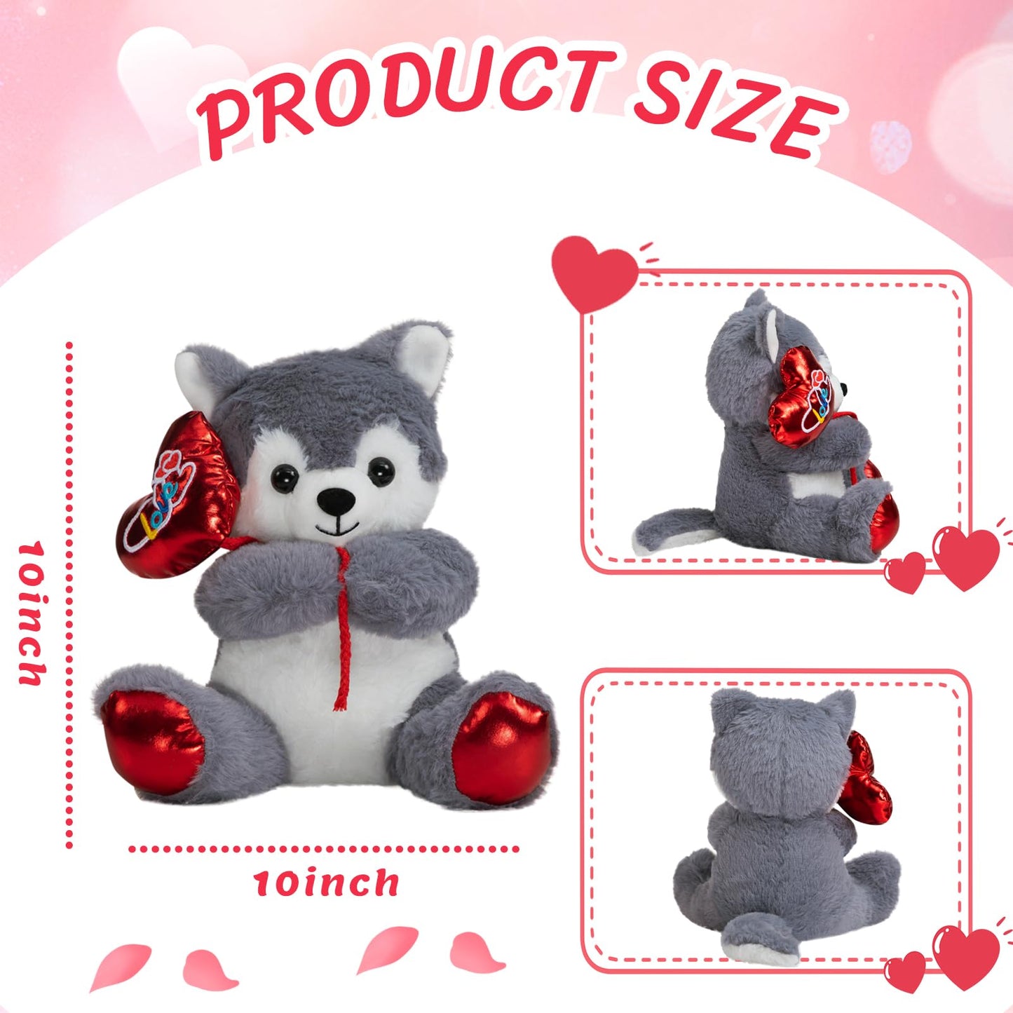 HollyHOME Husky Plush – 10-Inch Stuffed Animal with Red Love Balloon for Valentine's Day