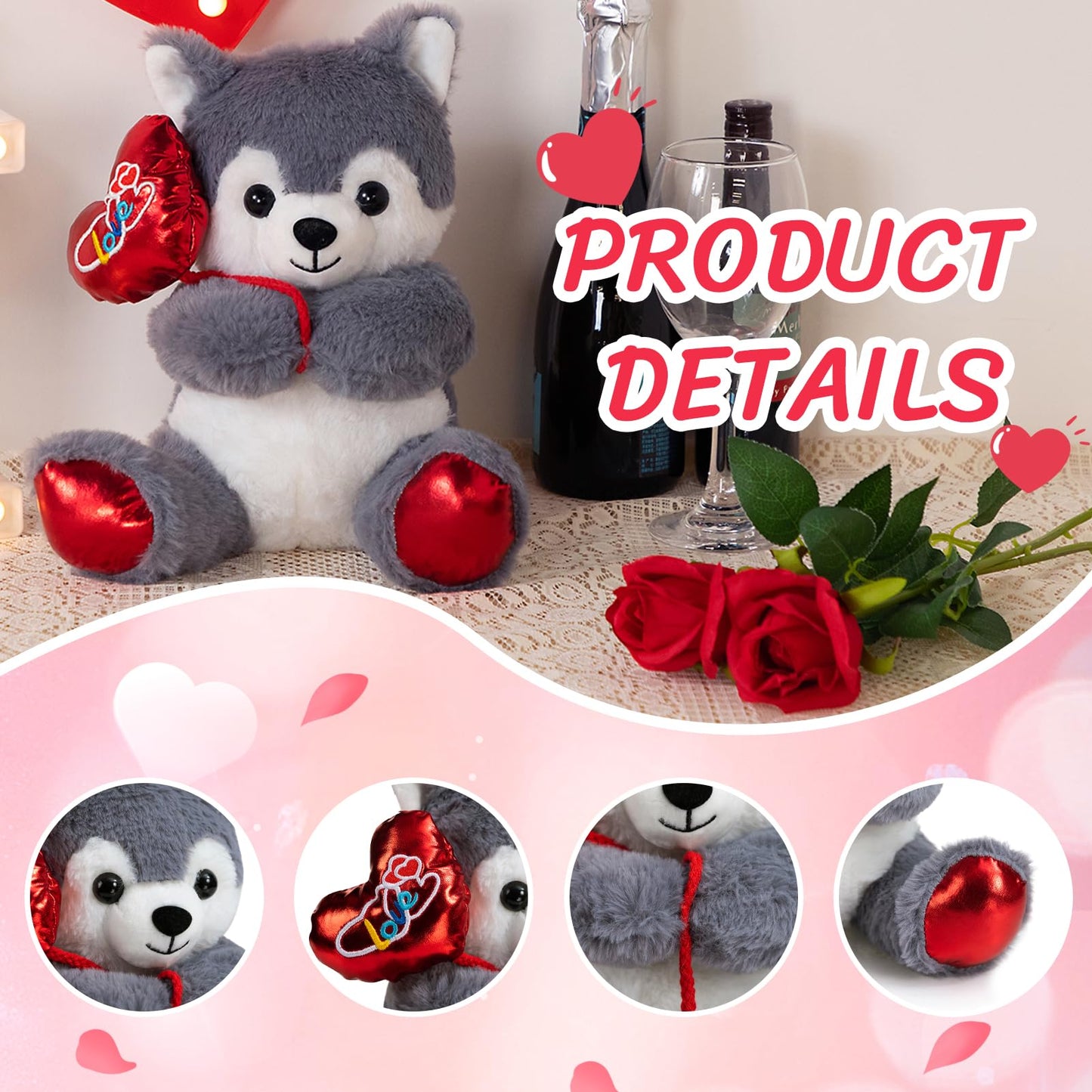 HollyHOME Husky Plush – 10-Inch Stuffed Animal with Red Love Balloon for Valentine's Day