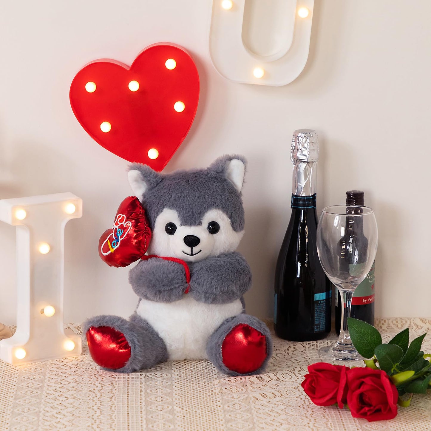 HollyHOME Husky Plush – 10-Inch Stuffed Animal with Red Love Balloon for Valentine's Day
