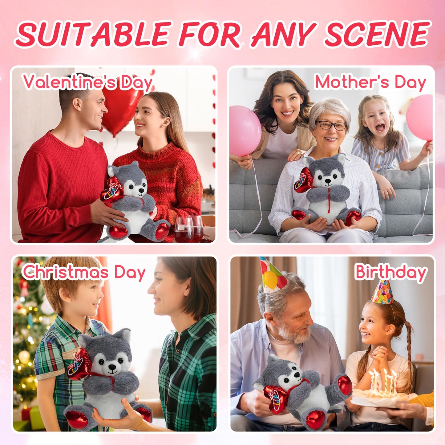 HollyHOME Husky Plush – 10-Inch Stuffed Animal with Red Love Balloon for Valentine's Day