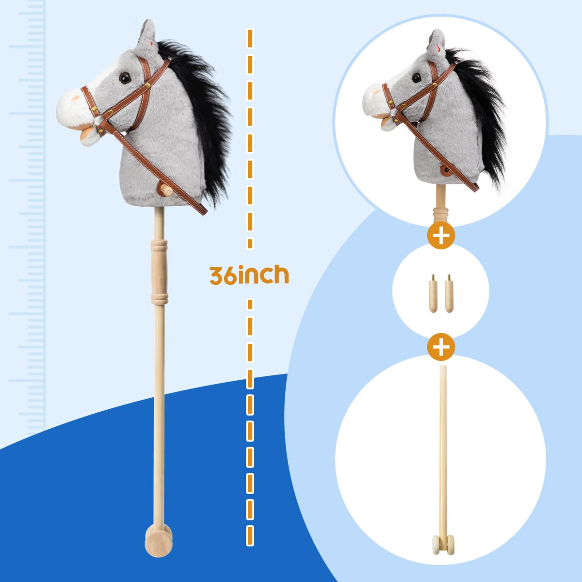 HollyHOME Stick Horse Plush with Wood Wheels | 36-Inch Kids Hobby Horse with Realistic Sounds