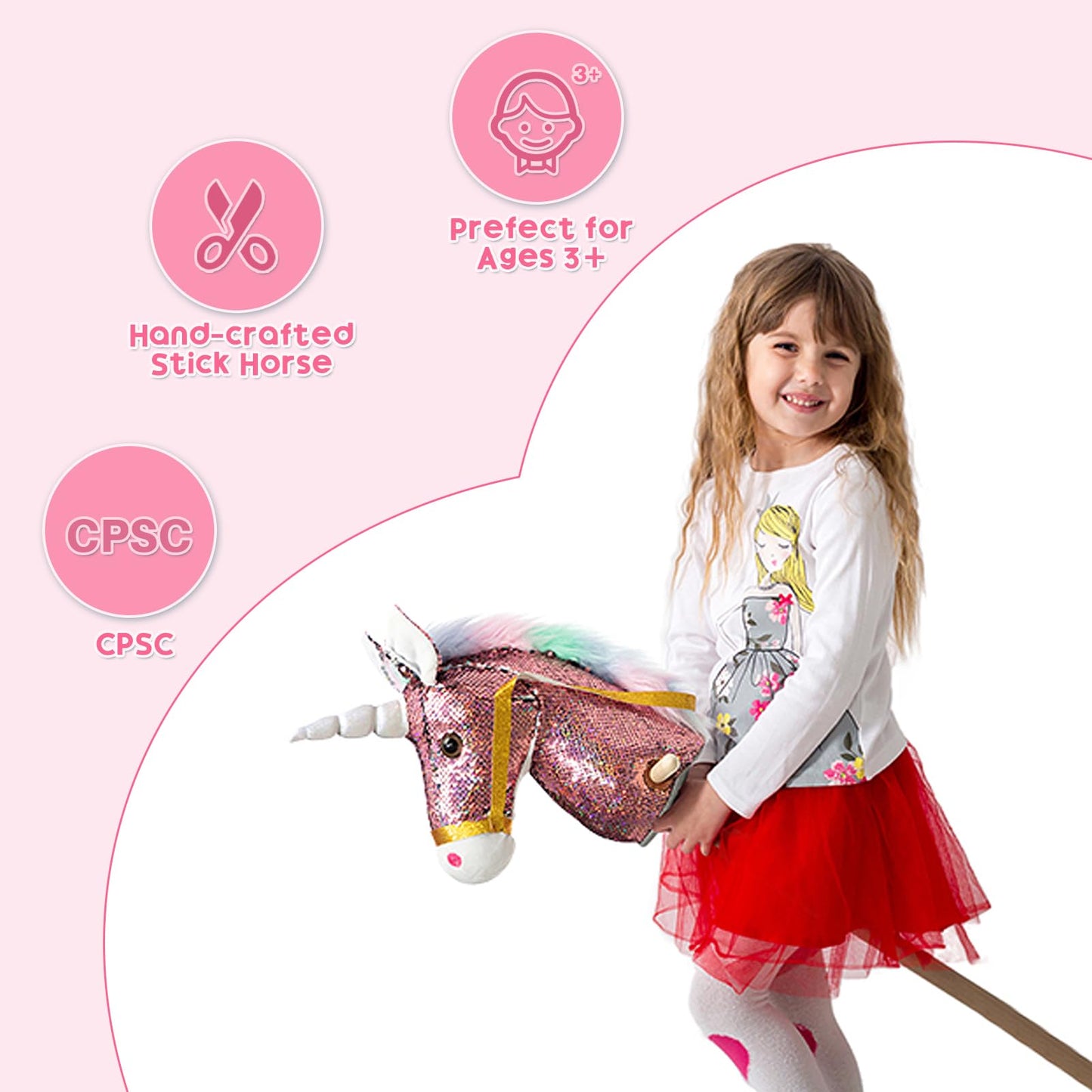 HollyHOME Sequin Unicorn Stick Horse — Handcrafted Hobby Horse with Wood Wheels and Real Pony Sounds | Pink 36 Inches