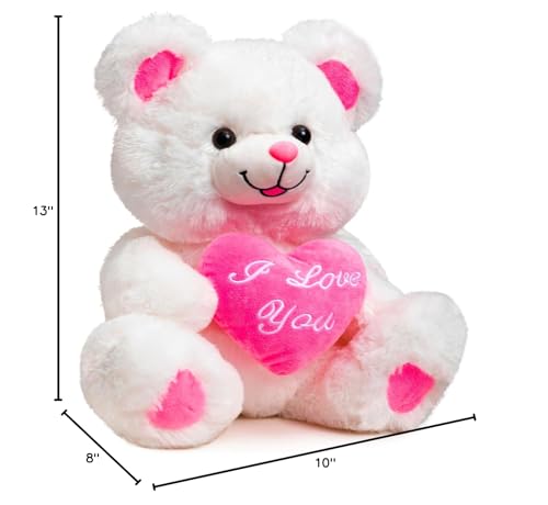 HollyHOME Teddy Bear with Heart Plush – LED I Love You Blush, 13 inch White