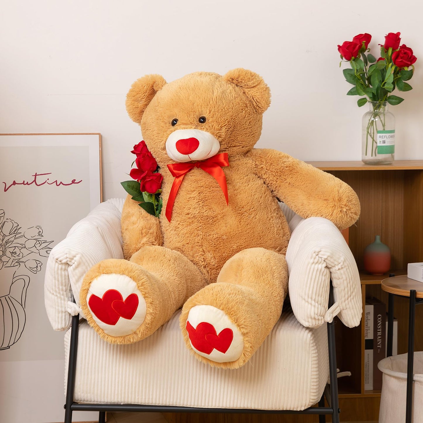 HollyHOME Giant 4ft Teddy Bear – 48 inch Tan Plush with Red Heart | Gifts for Girlfriend, Mom & Kids