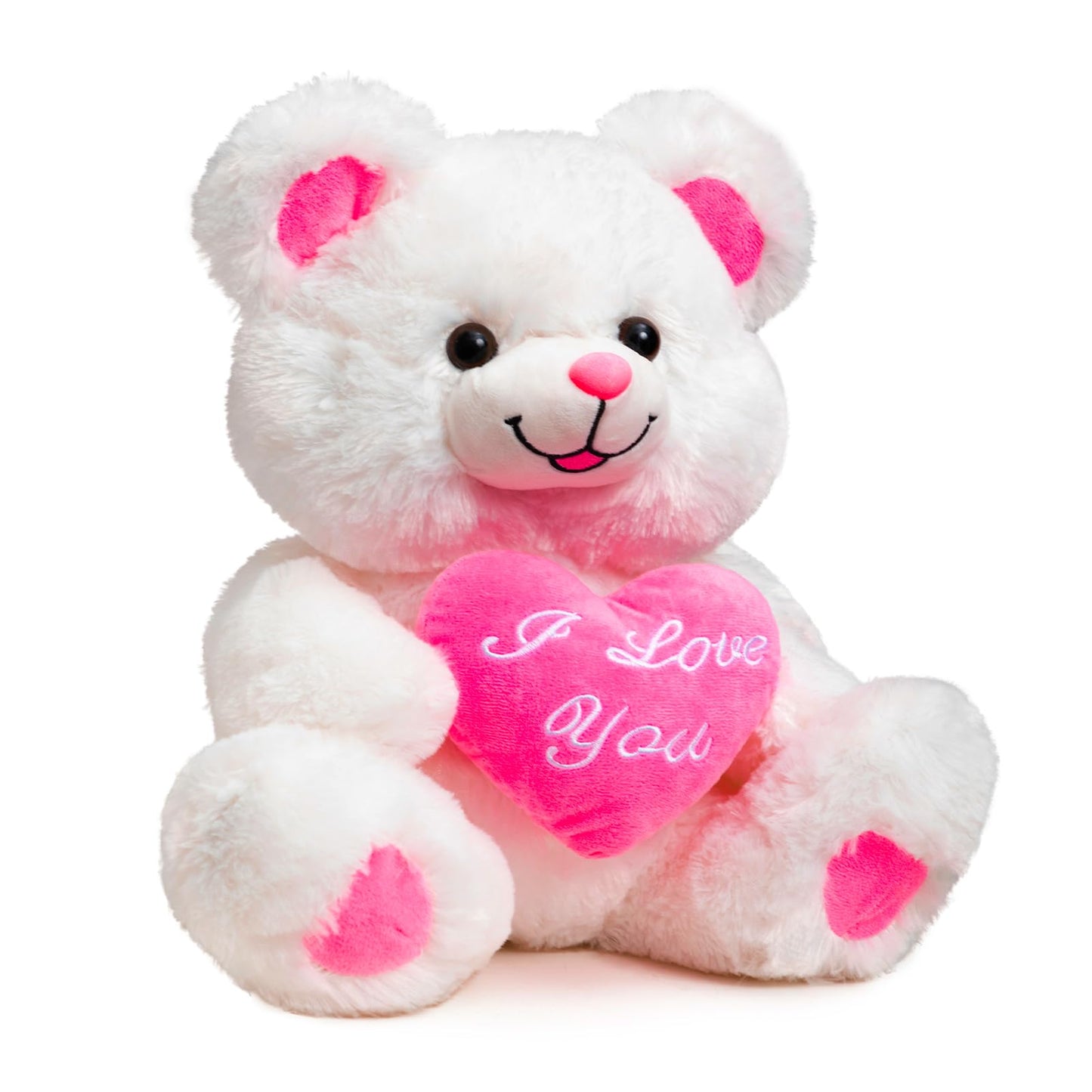 HollyHOME Teddy Bear with Heart Plush – LED I Love You Blush, 13 inch White