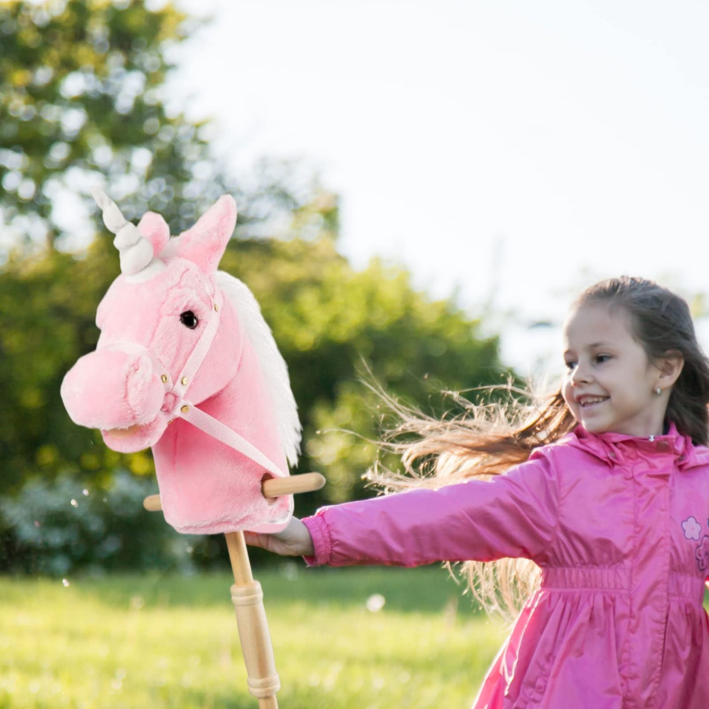 HollyHOME Plush Unicorn Stick Horse with Wood Wheels – 37 Inch Pink Pony with Neighing & Galloping Sounds