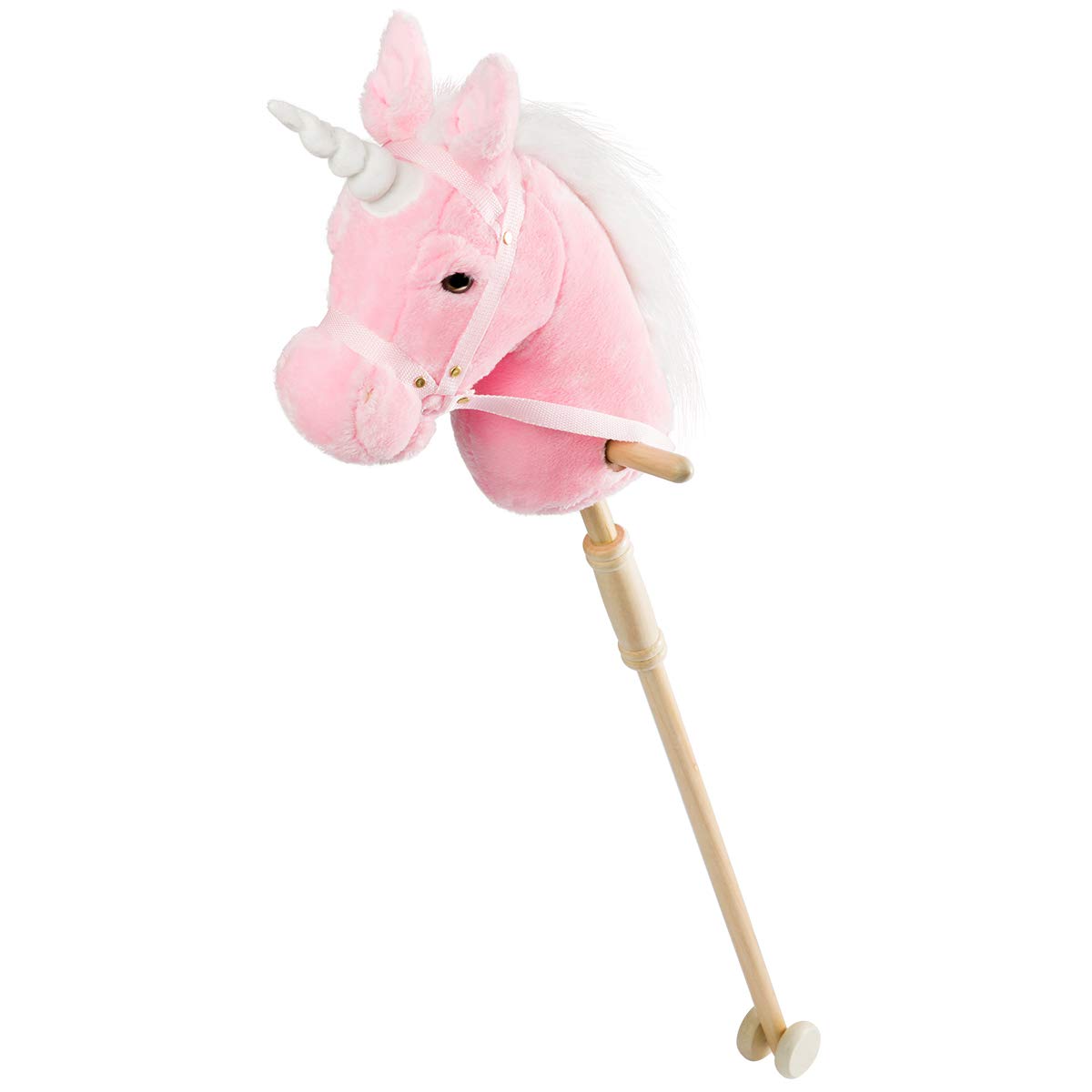 HollyHOME Plush Unicorn Stick Horse with Wood Wheels – 37 Inch Pink Pony with Neighing & Galloping Sounds