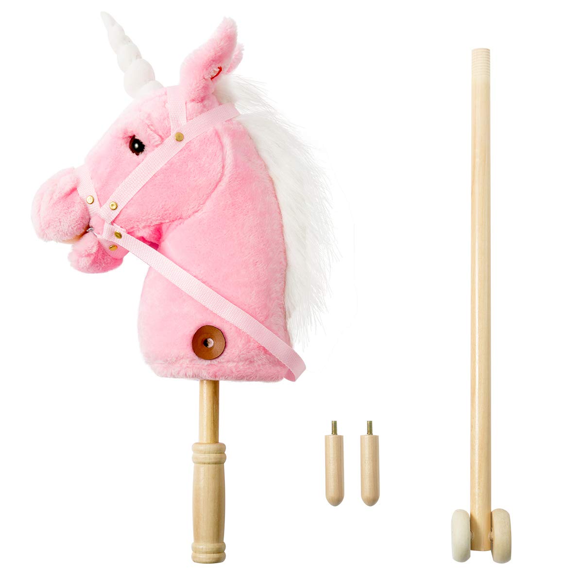 HollyHOME Plush Unicorn Stick Horse with Wood Wheels – 37 Inch Pink Pony with Neighing & Galloping Sounds
