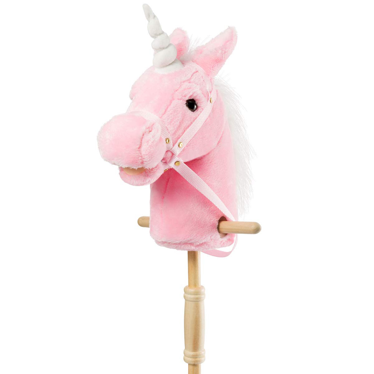 HollyHOME Plush Unicorn Stick Horse with Wood Wheels – 37 Inch Pink Pony with Neighing & Galloping Sounds