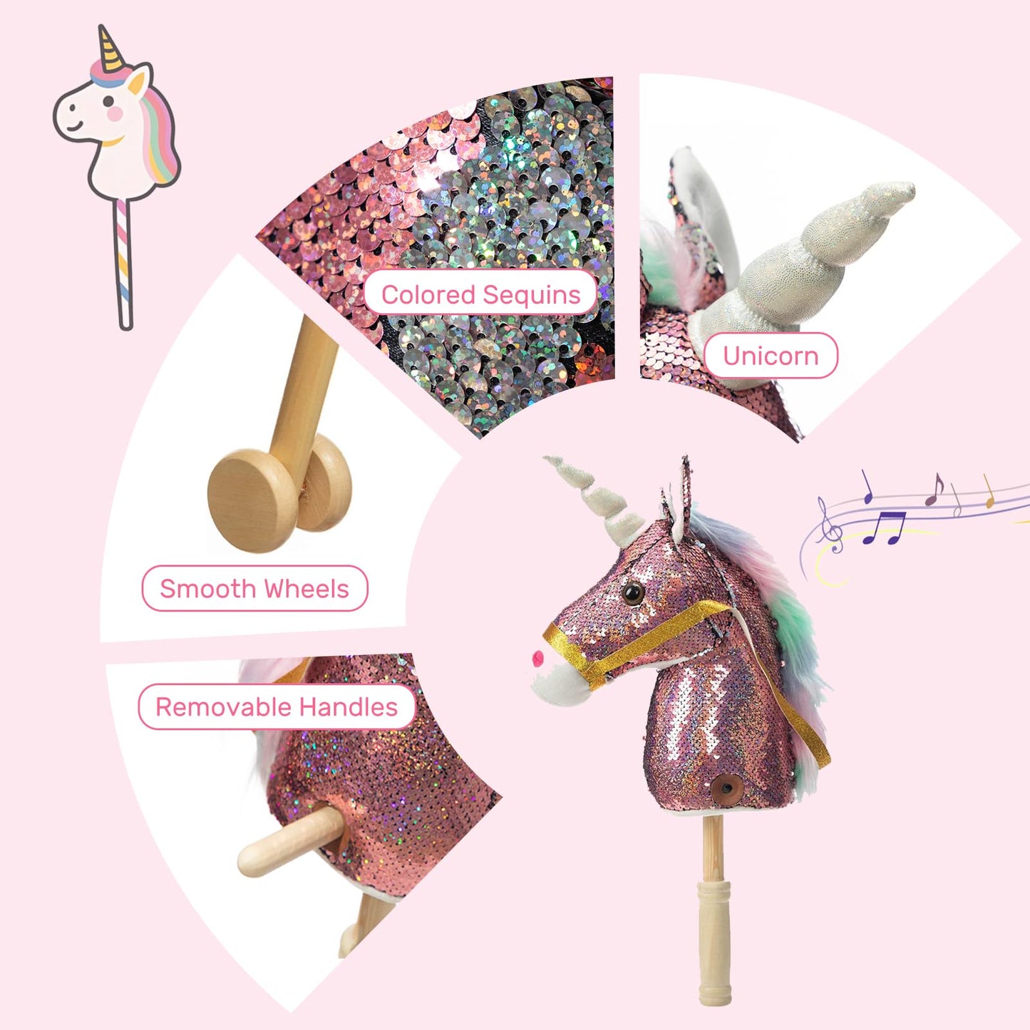 HollyHOME Sequin Unicorn Stick Horse — Handcrafted Hobby Horse with Wood Wheels and Real Pony Sounds | Pink 36 Inches