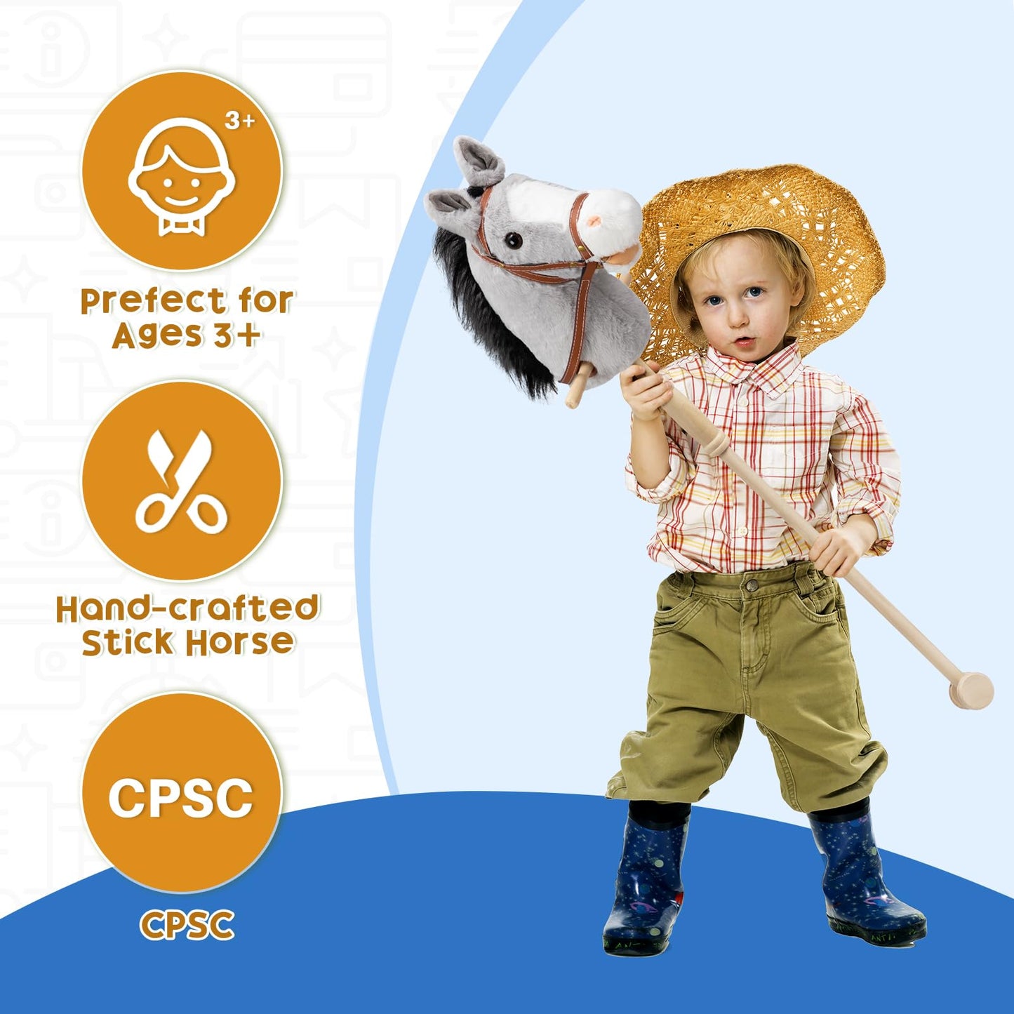 HollyHOME Stick Horse Plush with Wood Wheels | 36-Inch Kids Hobby Horse with Realistic Sounds