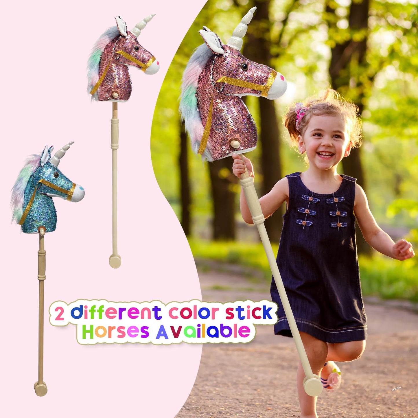 HollyHOME Sequin Unicorn Stick Horse — Handcrafted Hobby Horse with Wood Wheels and Real Pony Sounds | Pink 36 Inches