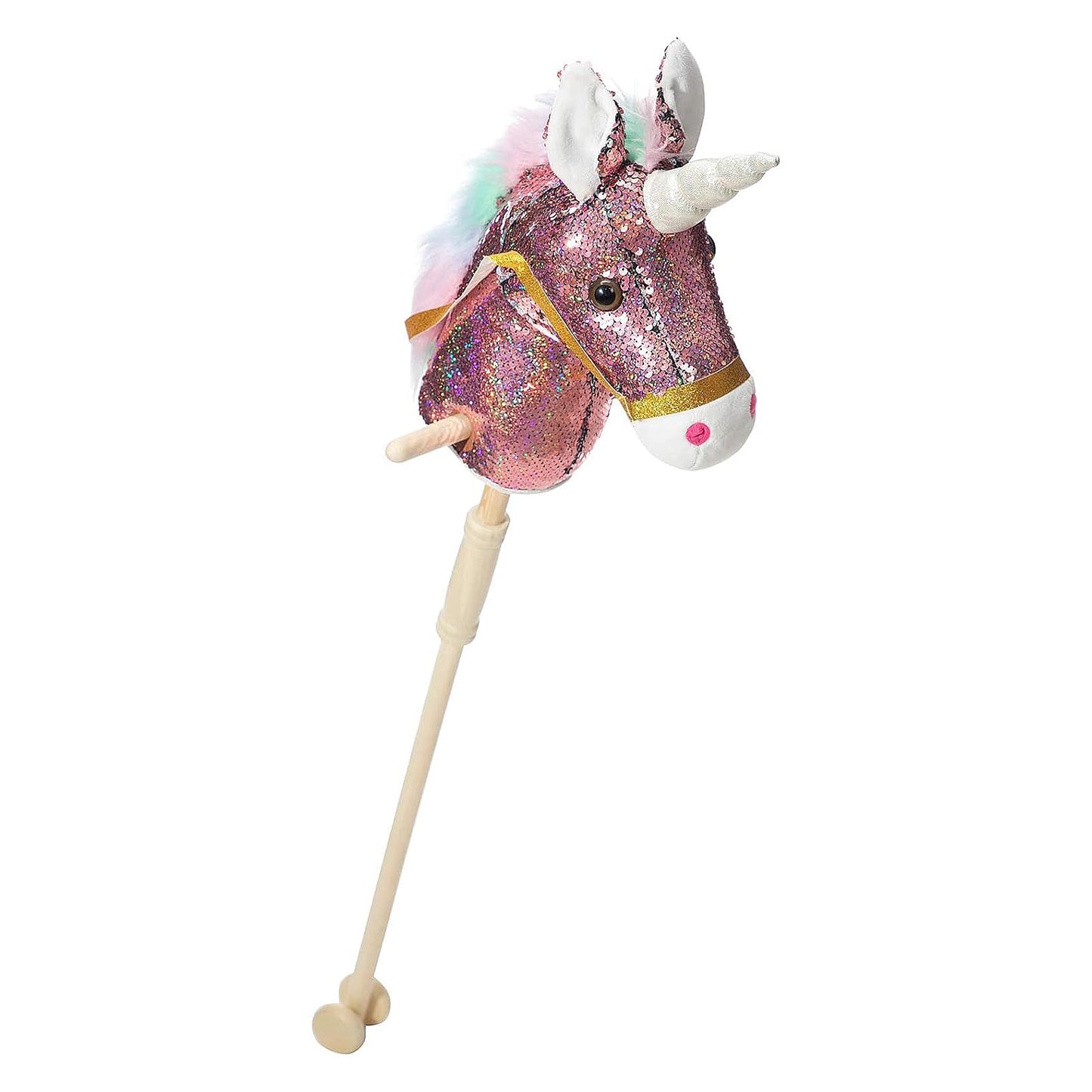 HollyHOME Sequin Unicorn Stick Horse — Handcrafted Hobby Horse with Wood Wheels and Real Pony Sounds | Pink 36 Inches