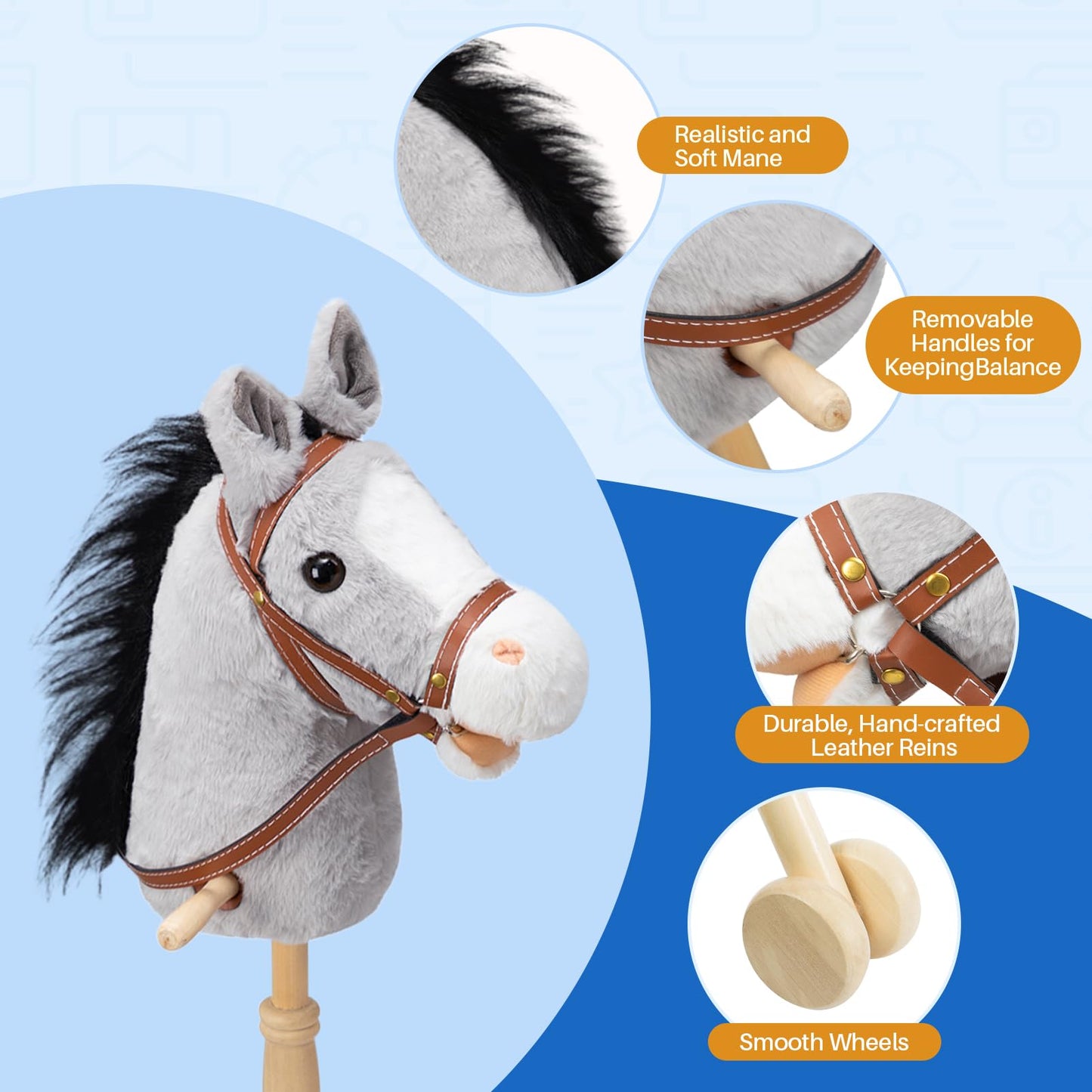 HollyHOME Stick Horse Plush with Wood Wheels | 36-Inch Kids Hobby Horse with Realistic Sounds
