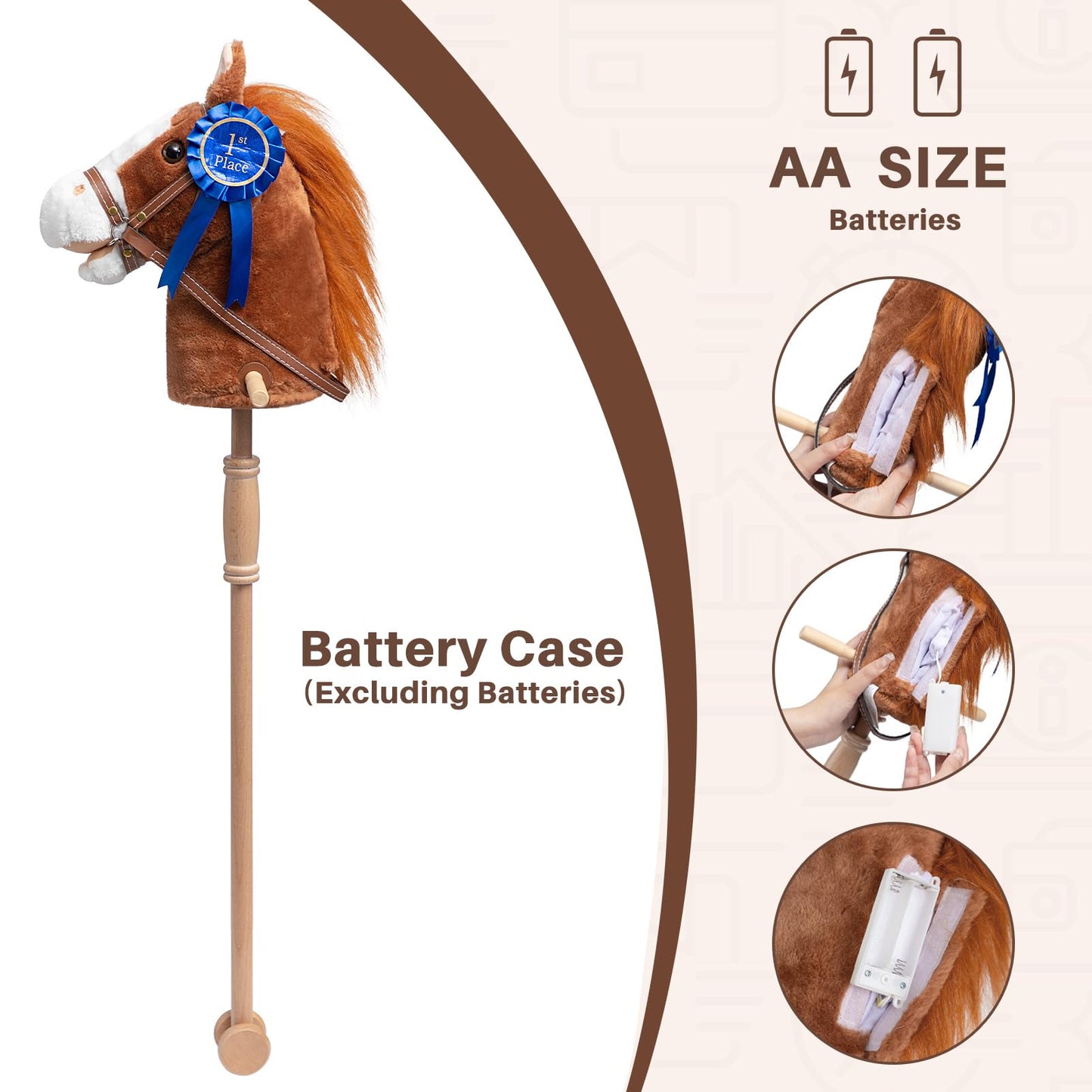 HollyHOME Stick Horse Plush with Detachable Blue Ribbon – 36-Inch Wooden-Wheeled Hobby Horse with Realistic Neighing Sounds