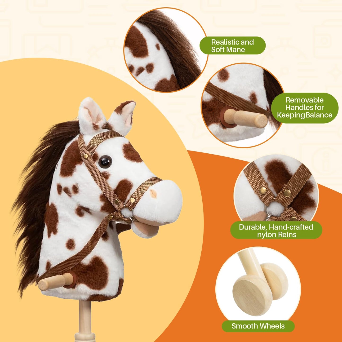 HollyHOME Stick Horse Plush — 36-Inch Hobby Horse with Wood Wheels and Neighing Sounds